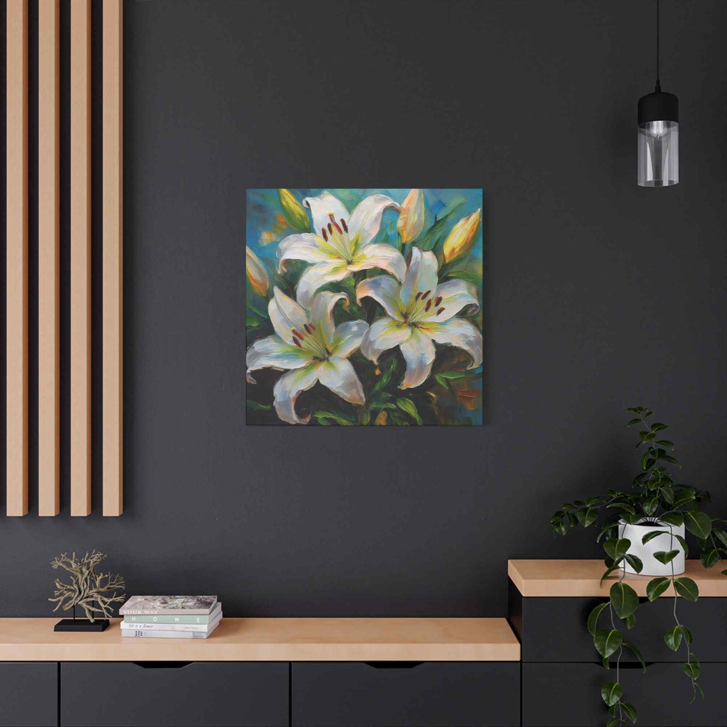 White Lilies Print Canvas, Floral Oil Paint Print 20x20, 24x24, 30x30, 32x32, 36x36 Art Design Pine-Wood Inner Frame MC-154