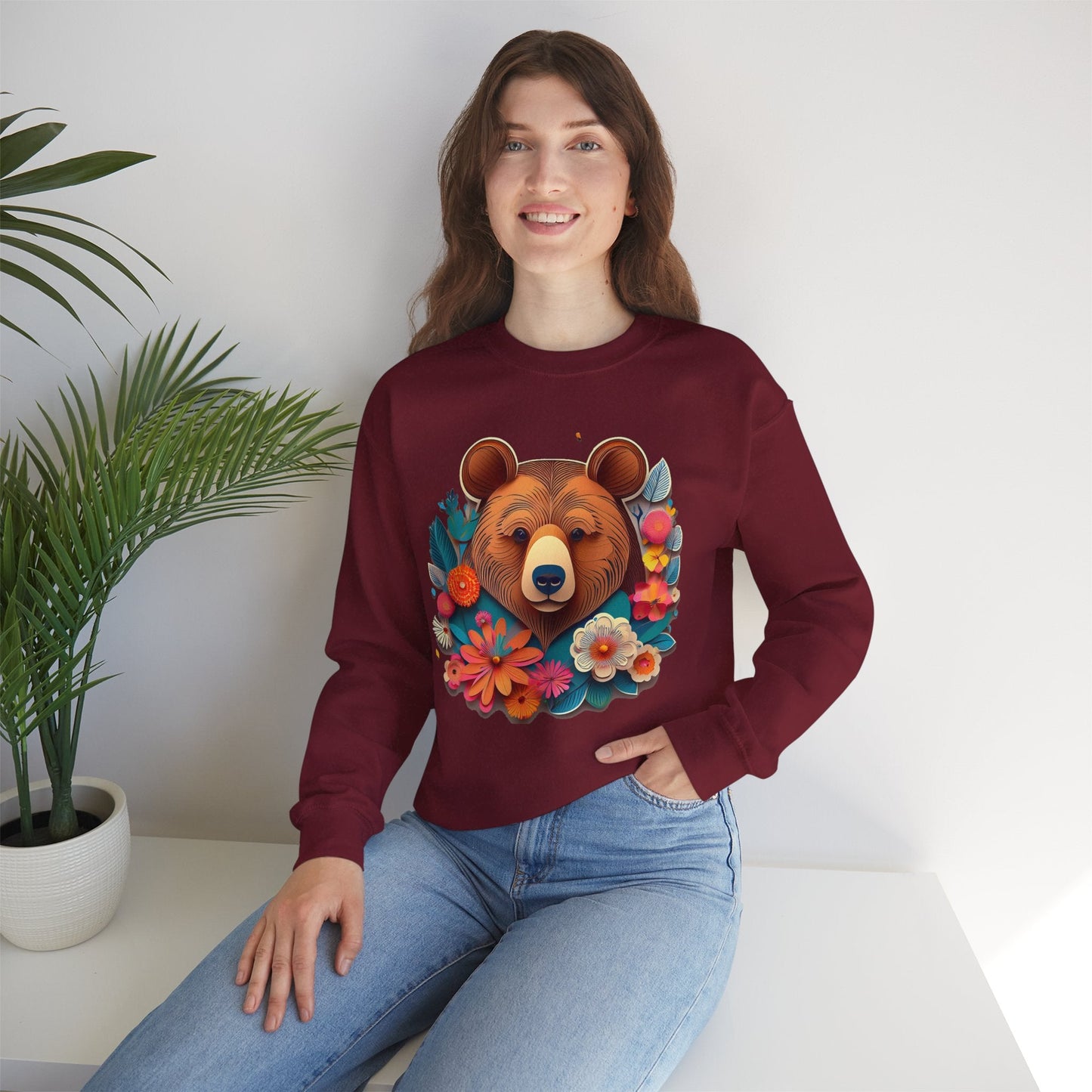 Unisex Floral Bear Sweatshirt Art Design Gildan 18000 Heavy Blend Crewneck