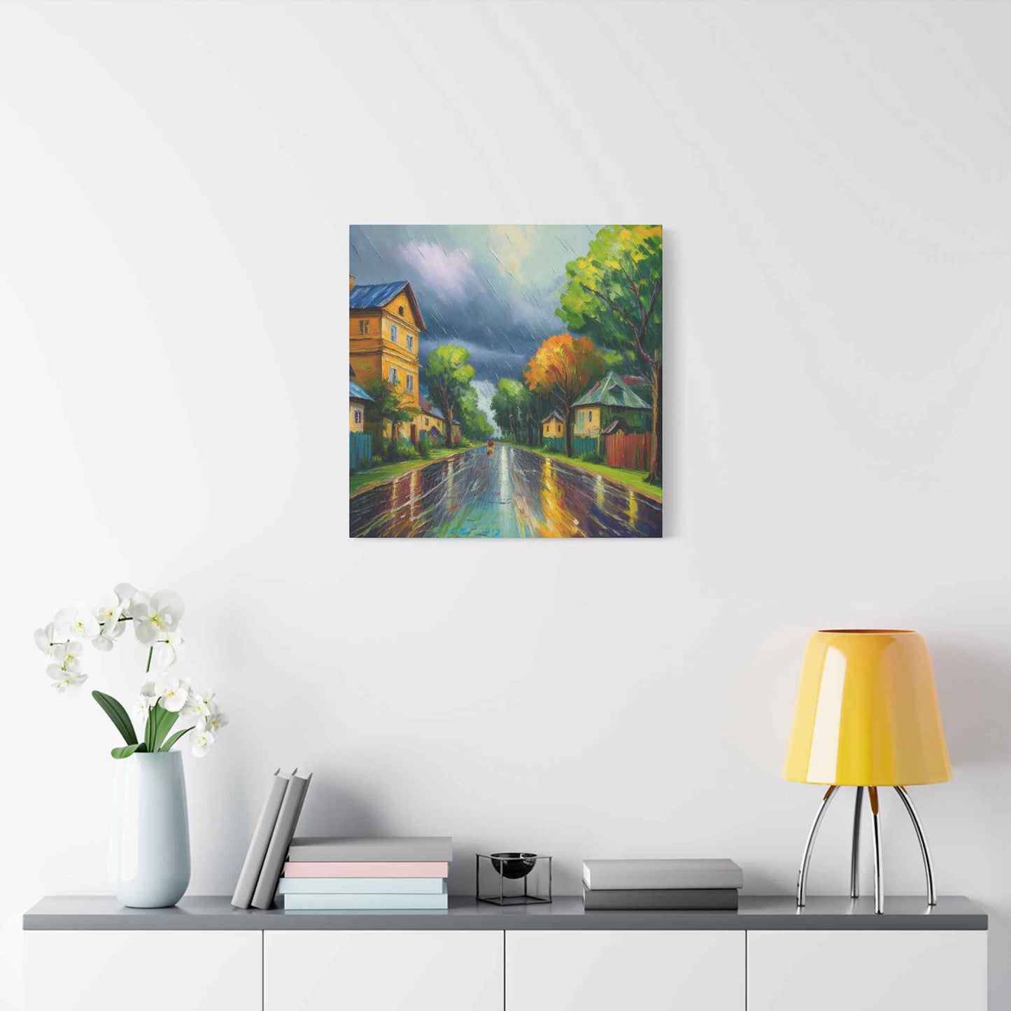 Rainy Village Street Canvas, Matte Oil Paint Print 20x20, 24x24, 30x30, 32x32, 36x36, Art Design Print Non-Frame MC-1