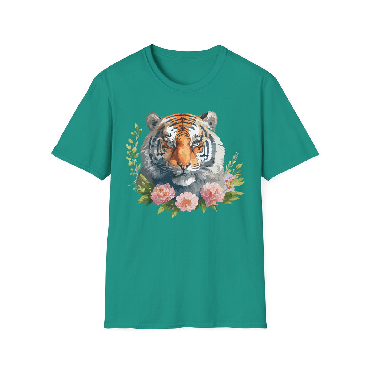 Watercolor Tiger Head T-Shirt | Floral Accents, Botanical Illustration
