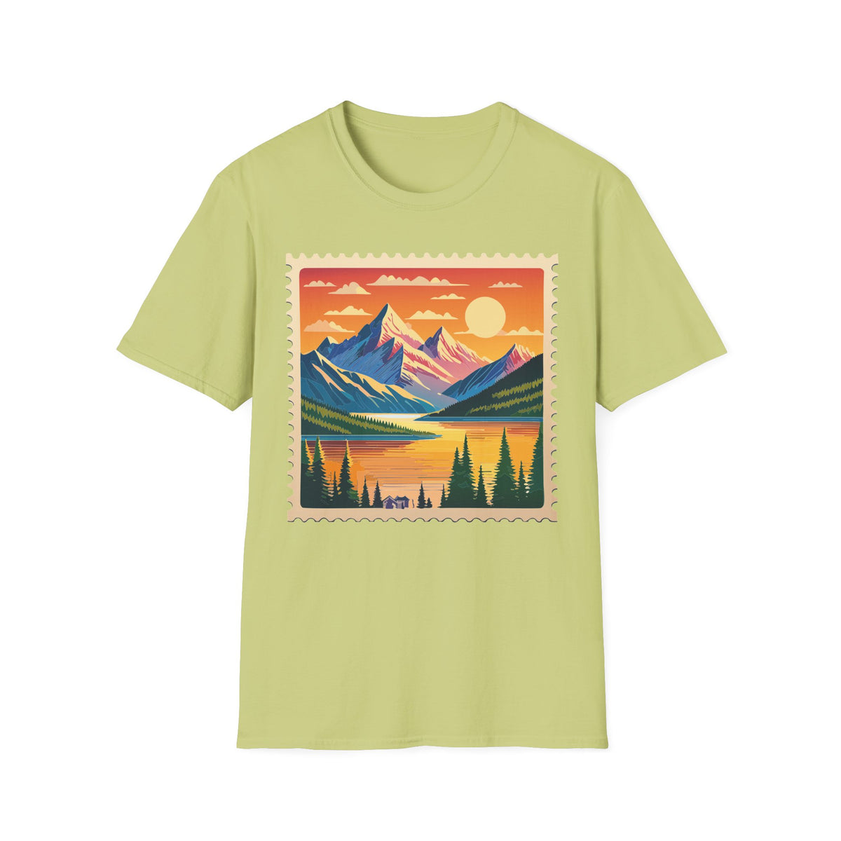 Sunset Mountain Landscape T-Shirt | Vintage Stamp Style