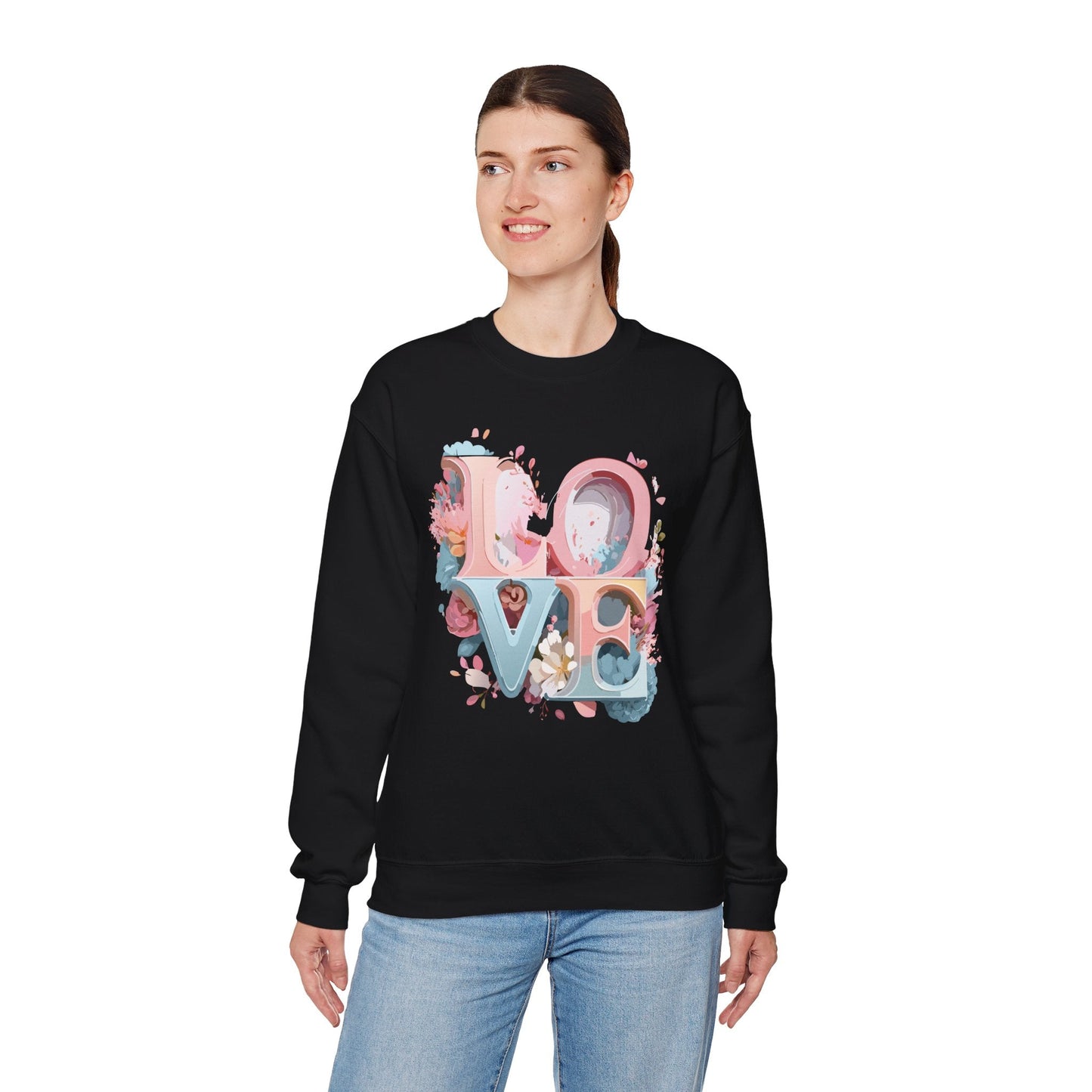 Floral Love Sweatshirt Unisex Crewneck Valentine Day Gift Gildan 18000 Fifty Fifty Cotton Blend