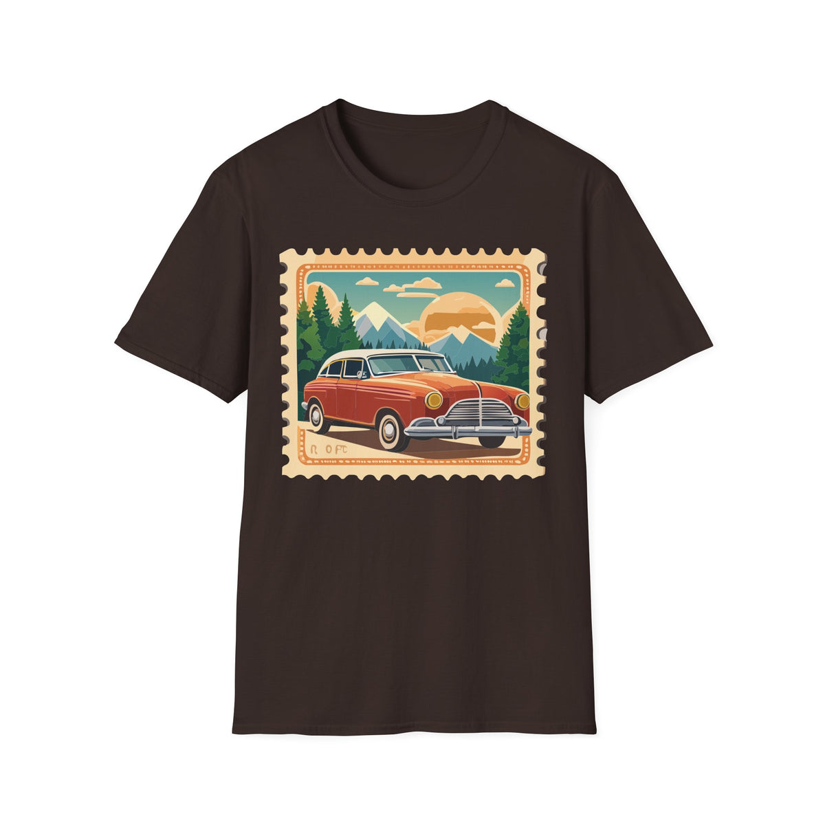 Vintage Road Trip Car T-Shirt | Retro Mountain Sunset Stamp Design