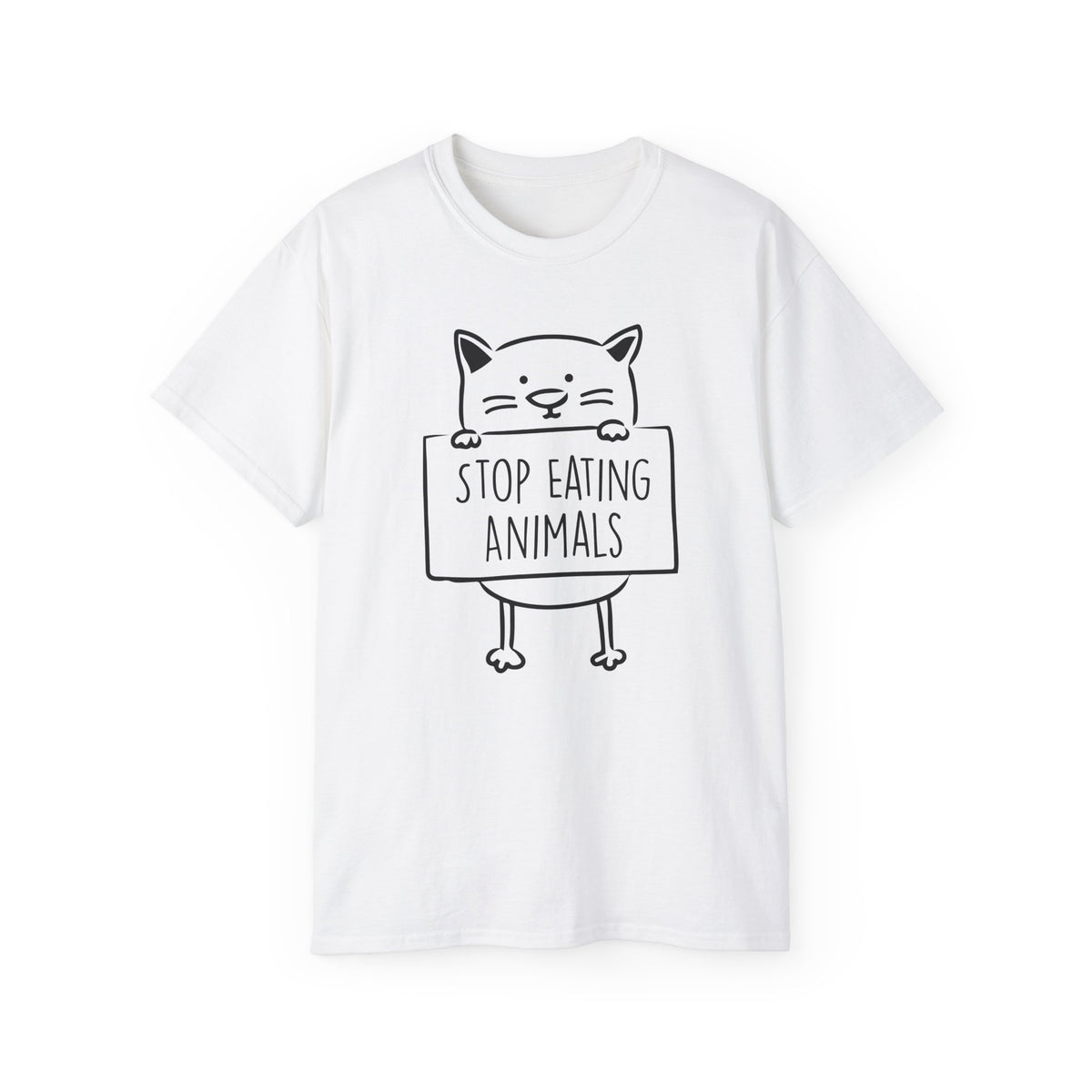 Cat Holding Sign Stop Eating Animals T-Shirt | Vegan Animal Rights Tee