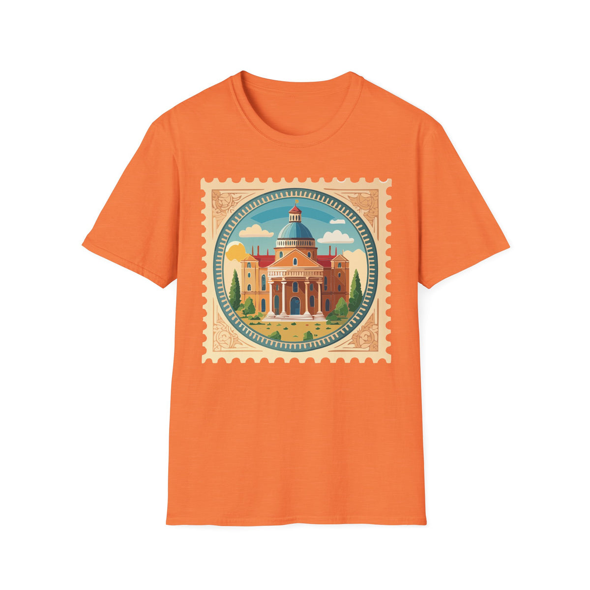 Vintage Postage Stamp Cityscape T-Shirt | Retro Basilica Graphic Tee Unisex 100 Cotton Gildan T-Shirt