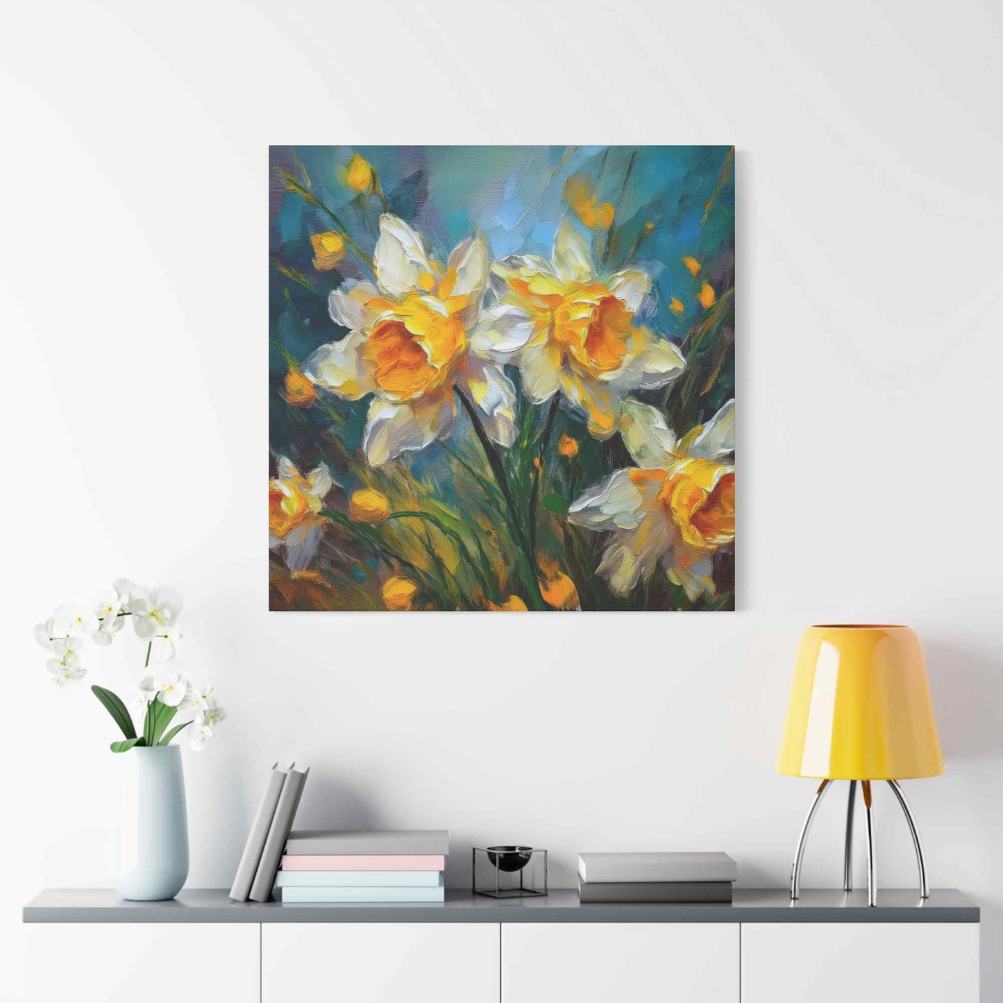 Narcissus Print Canvas, Floral Oil Paint Print 20x20, 24x24, 30x30, 32x32, 36x36 Art Design Pine-Wood Inner Frame MC-175