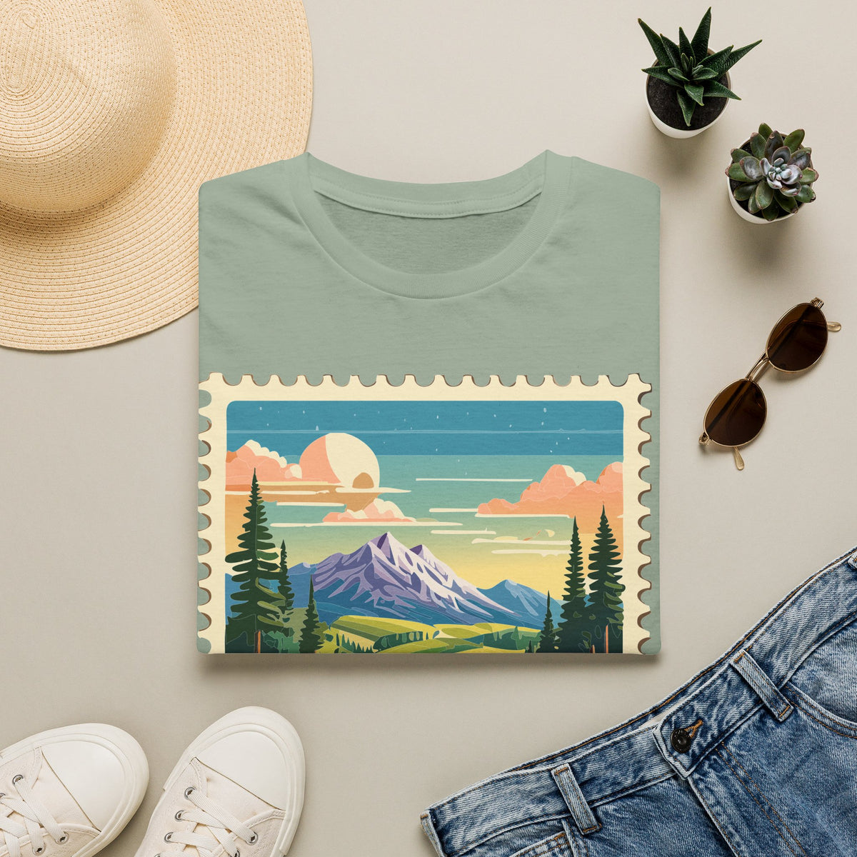 Mountain Landscape Stamp T-Shirt | Retro Sunset Scenic Tee