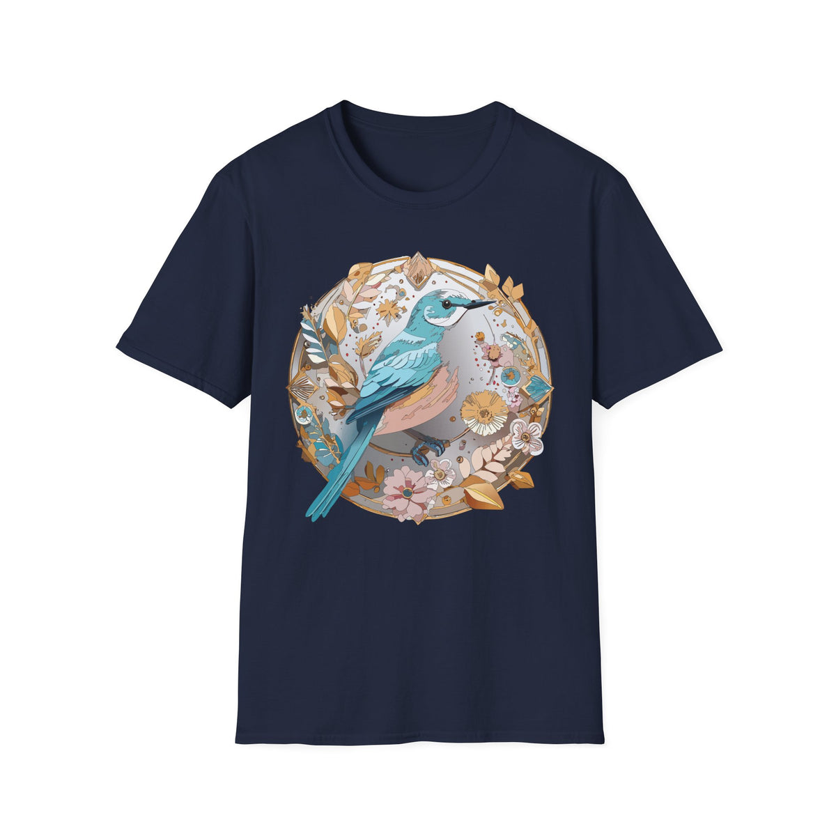 Blue Bird Floral Wreath T-Shirt | Botanical Bird Illustration