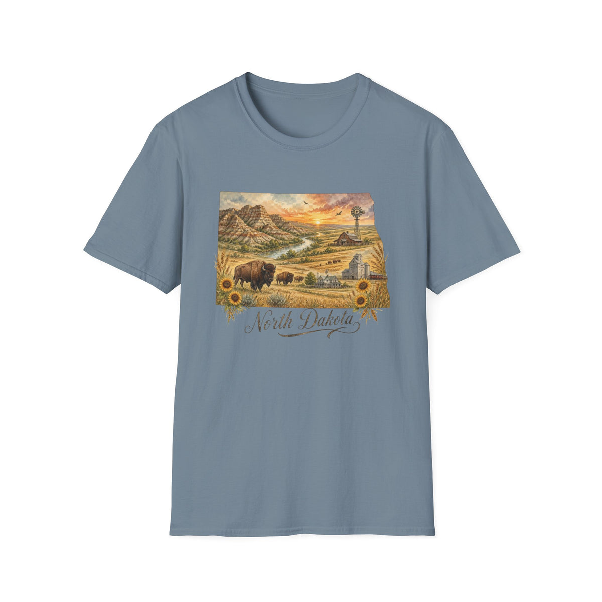 North Dakota State Travel Tourist Graphic Design Unisex 100 Cotton Gildan T-Shirt