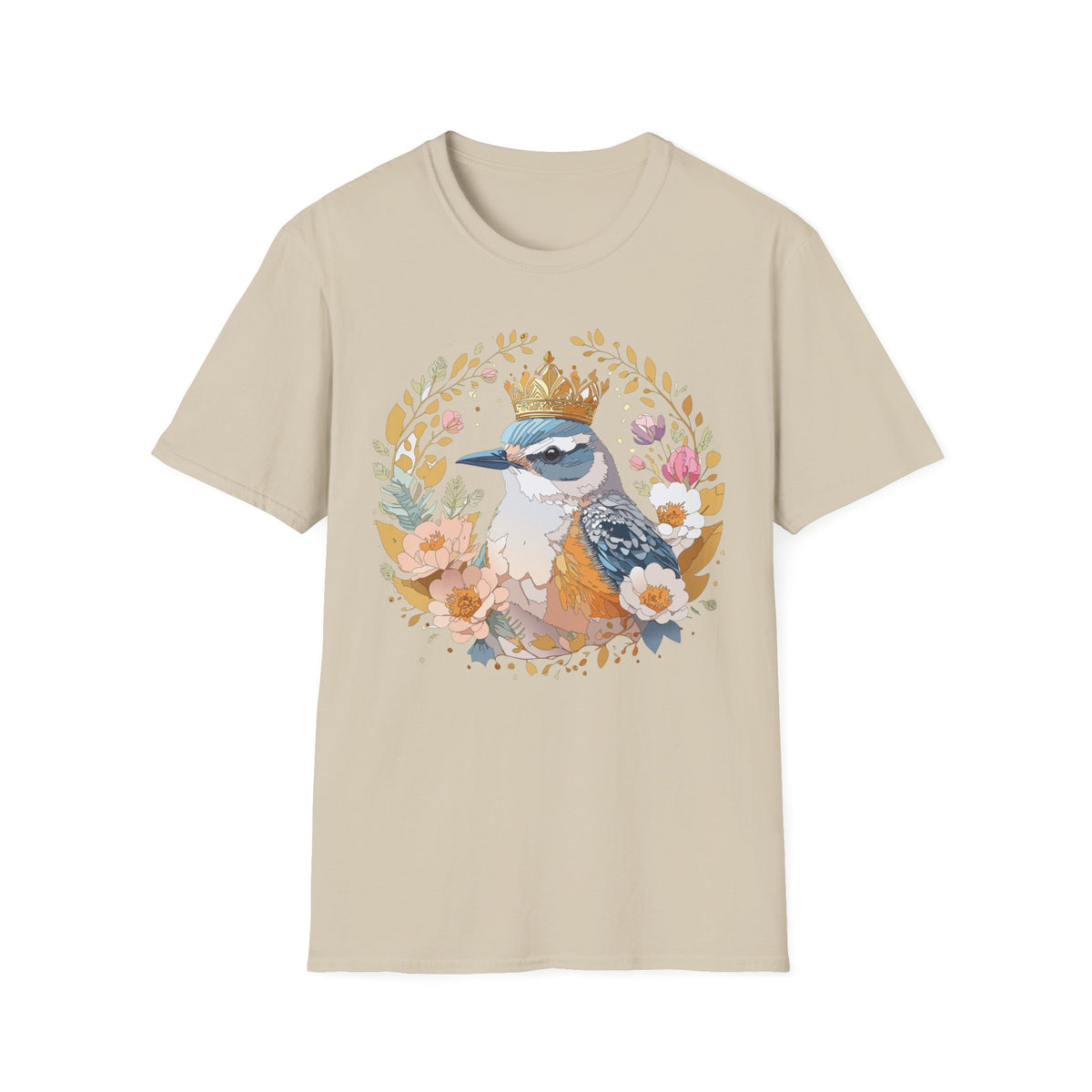 Crowned Bluebird Floral Illustration T-Shirt | Whimsical Bird Art