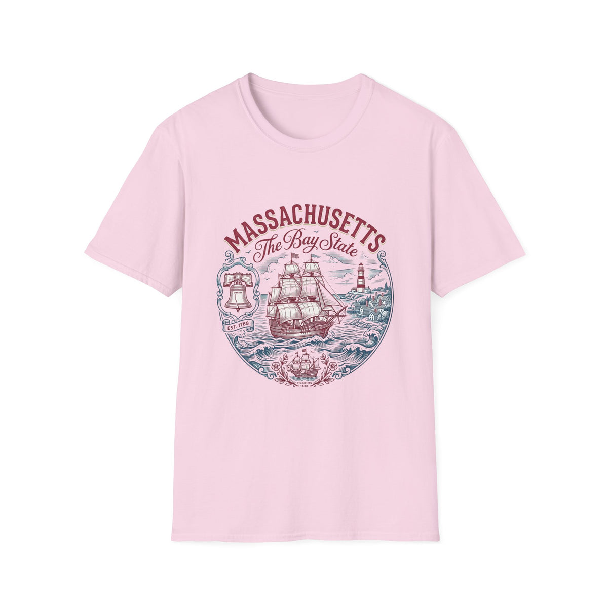Massachusetts The Bay State T-Shirt – Vintage Nautical Ship Lighthouse Travel Tourist Graphic Design Unisex 100 Cotton Gildan T-Shirt