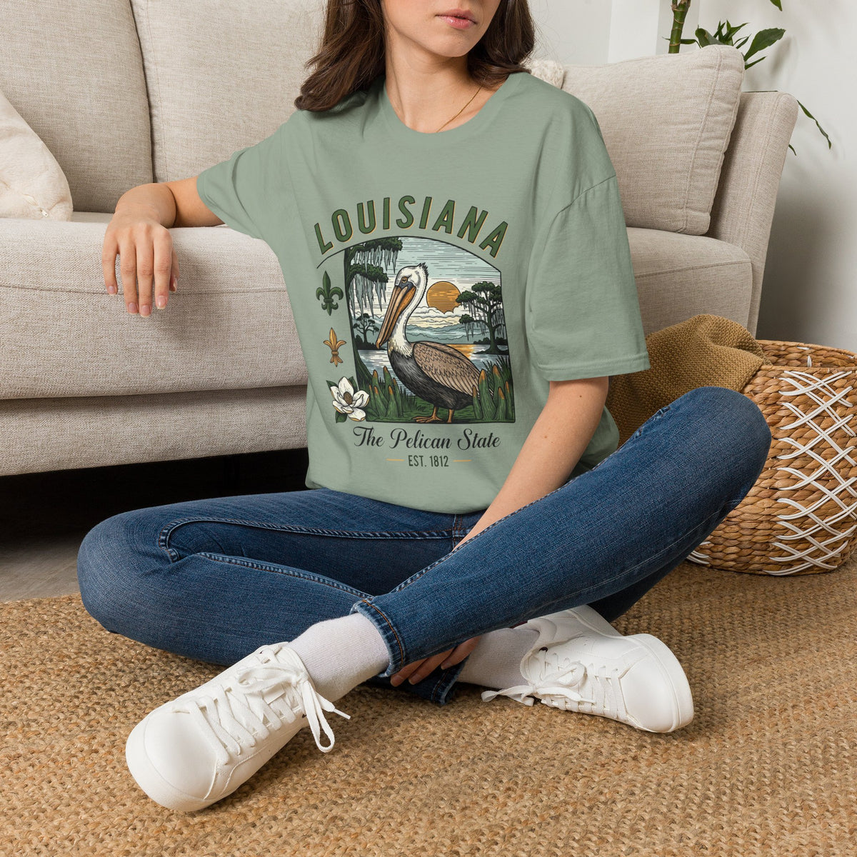 Louisiana Pelican State Graphic T-Shirt — Vintage Bayou Sunset Travel Tourist Graphic Design Unisex 100 Cotton Gildan T-Shirt
