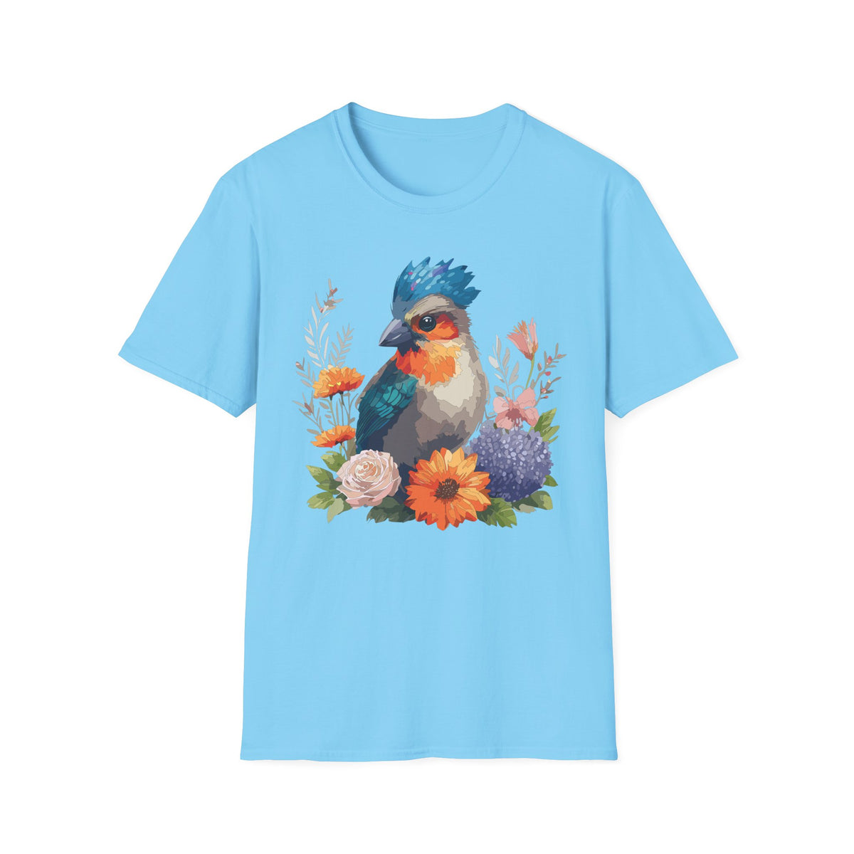 Colorful Crested Bird T-Shirt | Watercolor Floral Illustration