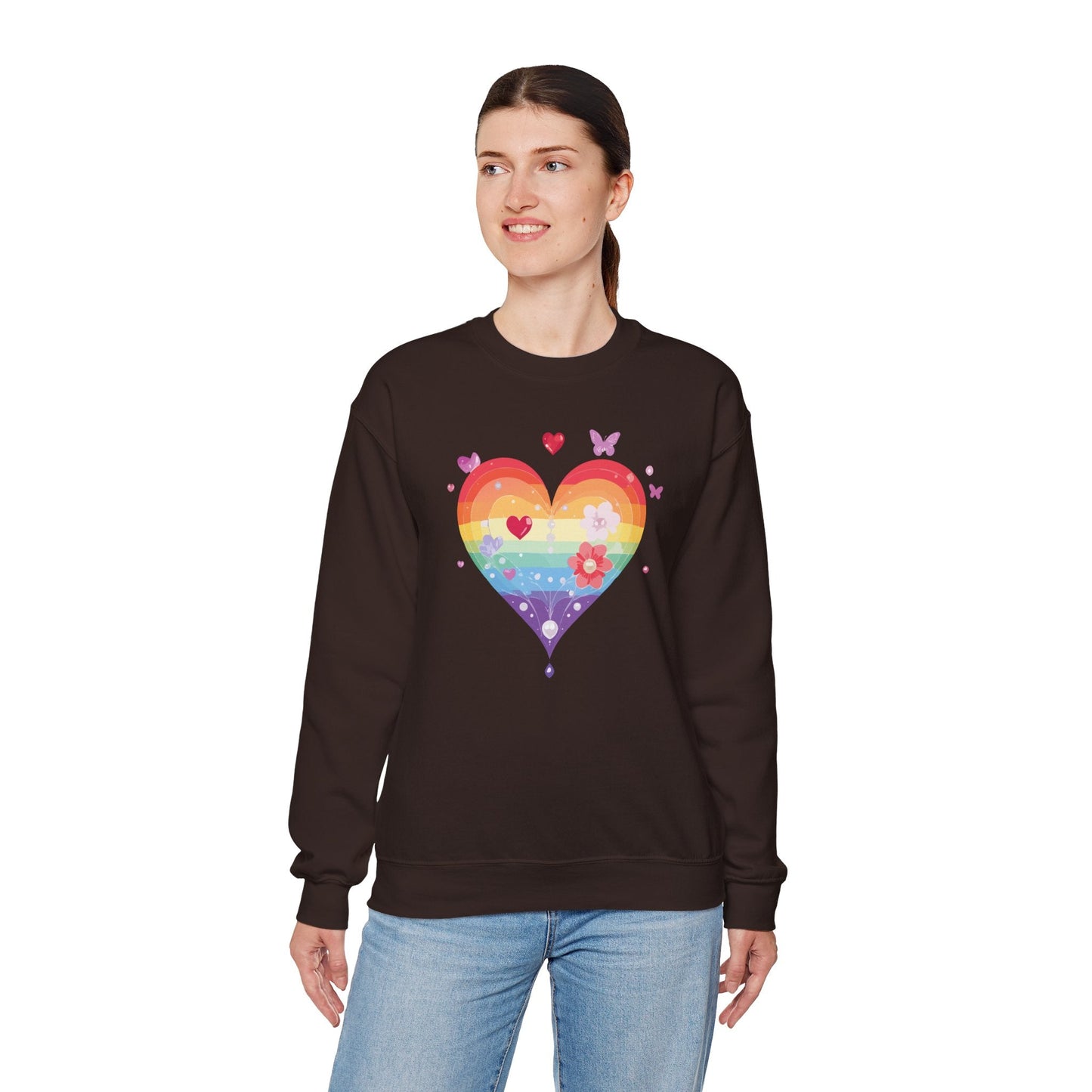 Rainbow Heart Floral Sweatshirt Unisex Valentines Day Graphic Love Sweatshirt Gift Idea