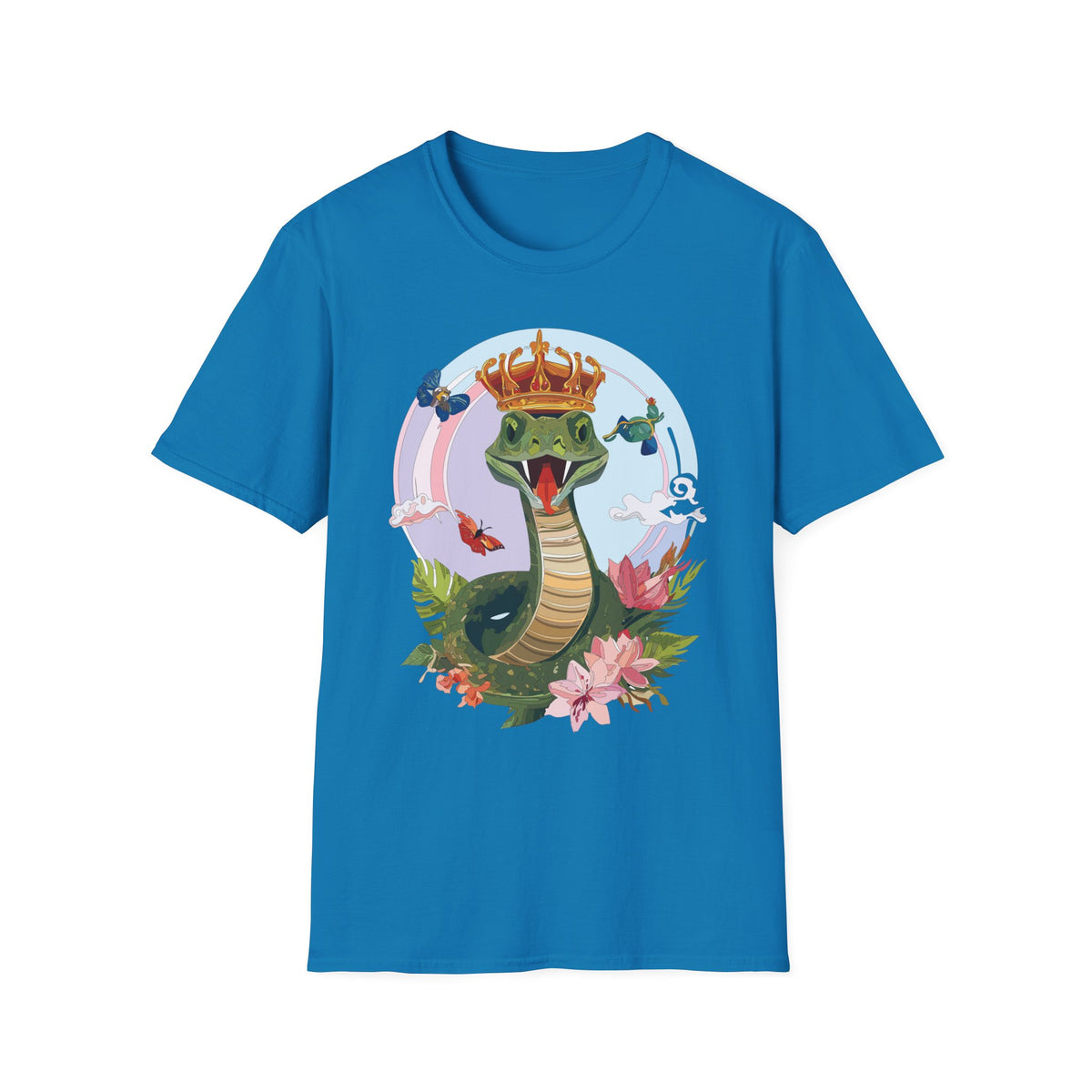 Crowned Snake Illustration T-Shirt | Regal Snake with Crown and Butterflies