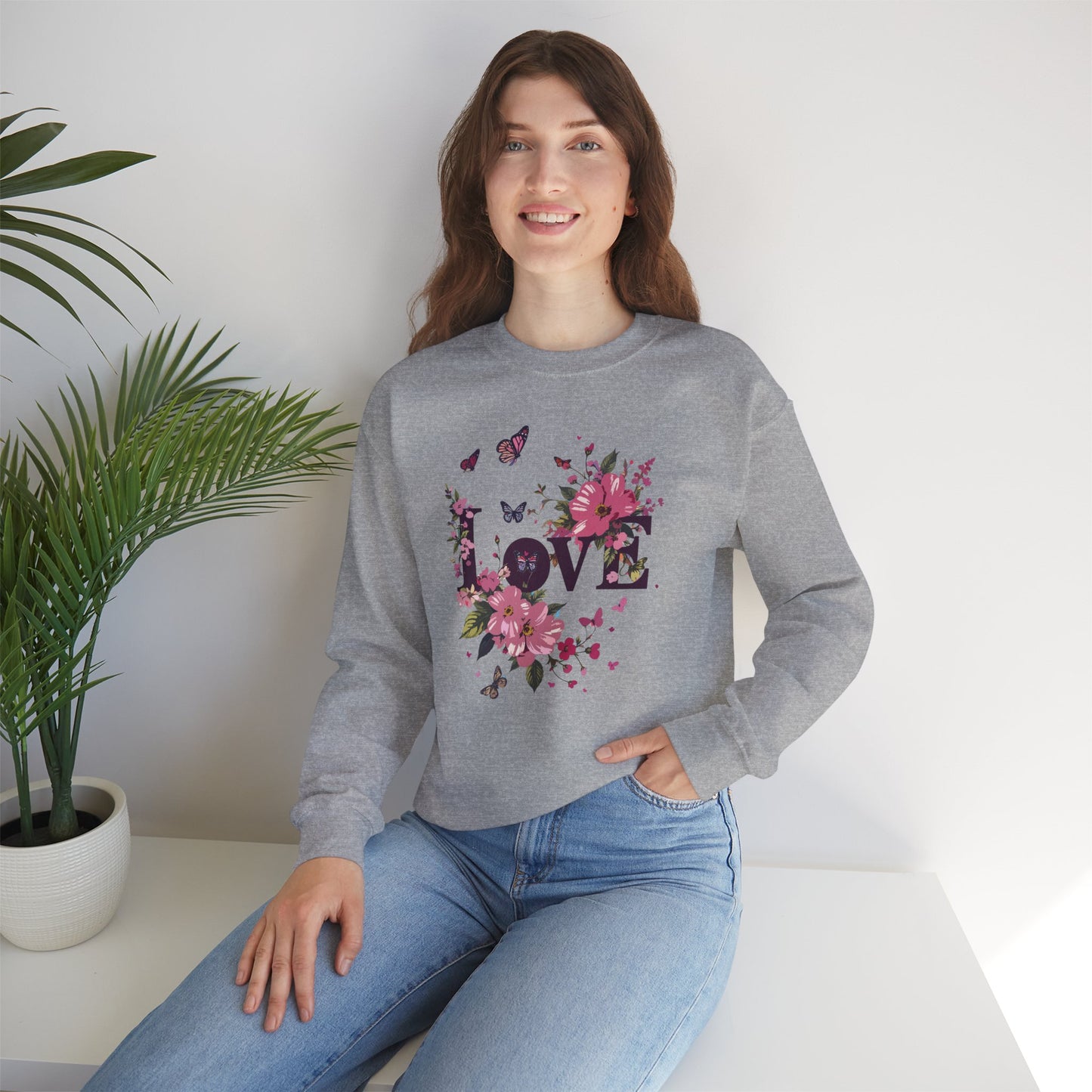 Unisex Floral Love Sweatshirt, Love Floral Sweatshirt, Floral Butterfly Sweatshirt, 50/50 Cotton-Poly Valentine's Day Sweatshirt 05