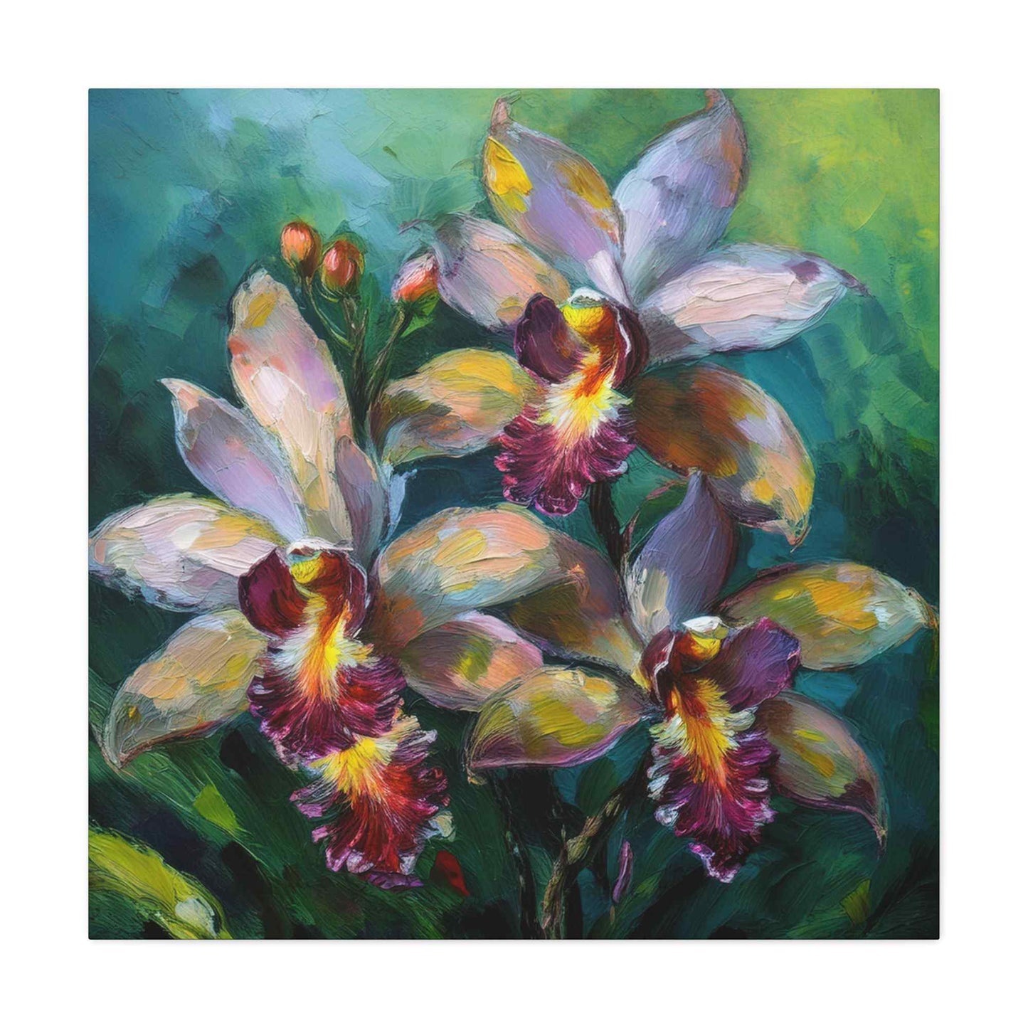 Blue Orchids Print Canvas, Floral Oil Paint Print 20x20, 24x24, 30x30, 32x32, 36x36 Art Design Pine-Wood Inner Frame MC-134