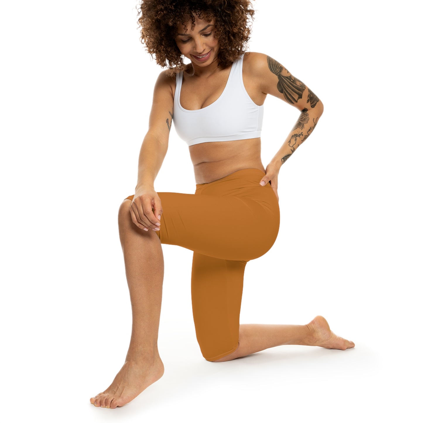 Ochre Orange Color Women's Brushed Suede Poly Span Casual Capri Leggings XS-2XL