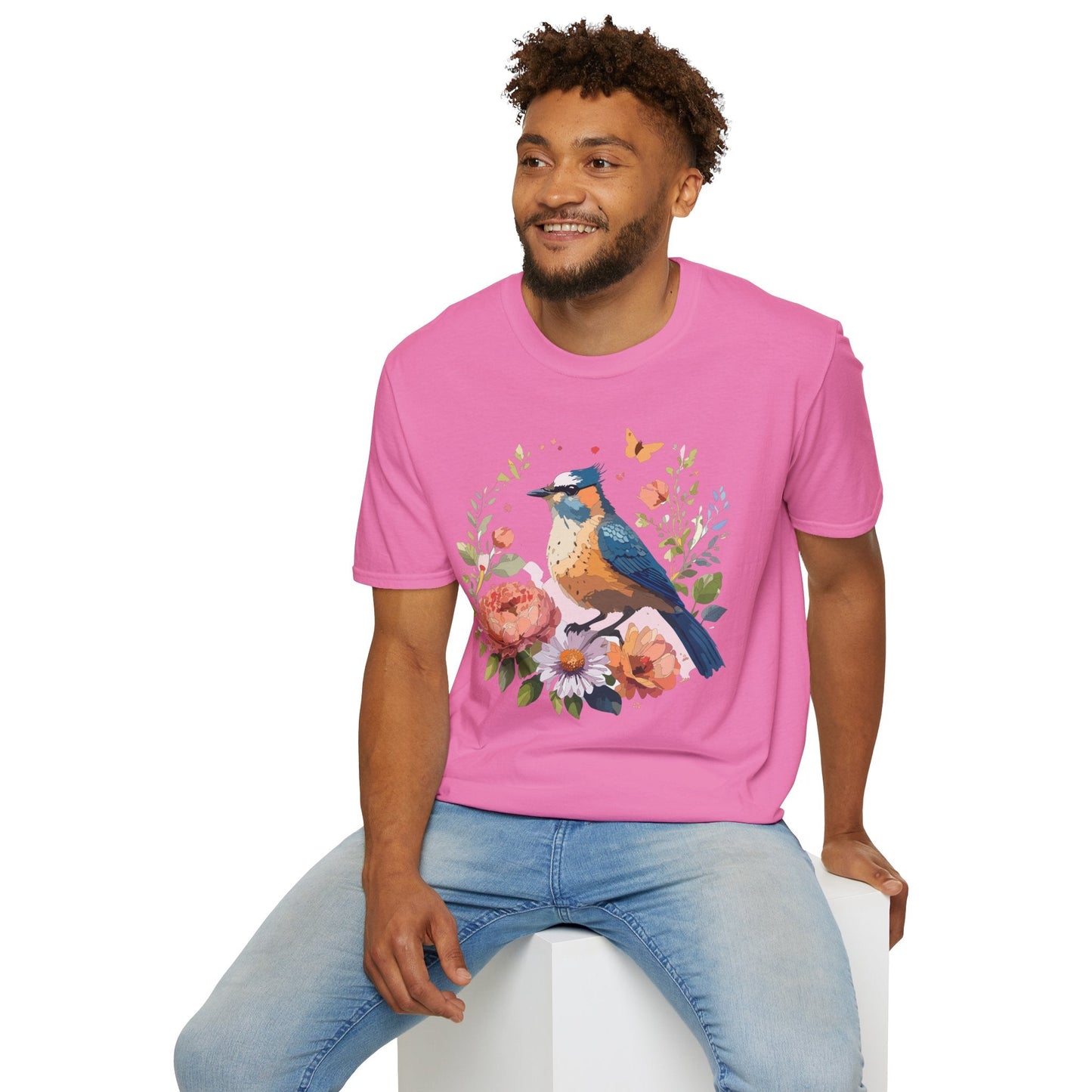 Floral Bird T Shirt Unisex Softstyle Gildan 64000 Tee 100 Percent Ring Spun Cotton