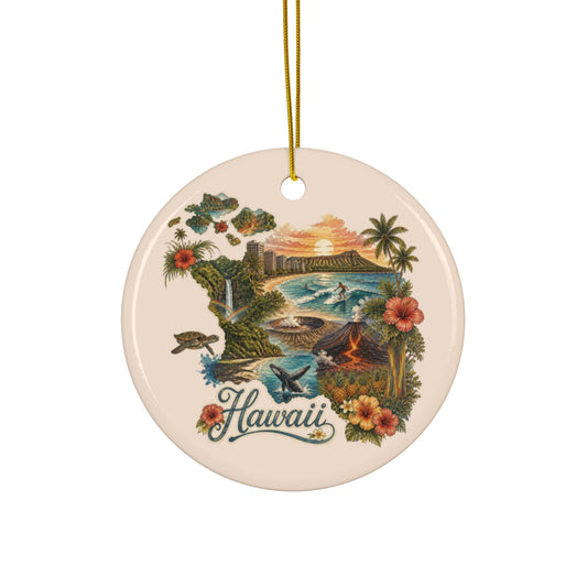 Hawaii Vintage Postcard Ceramic Ornament | Round 2-Sided Holiday Decor - 2.99" Includes Gold String
