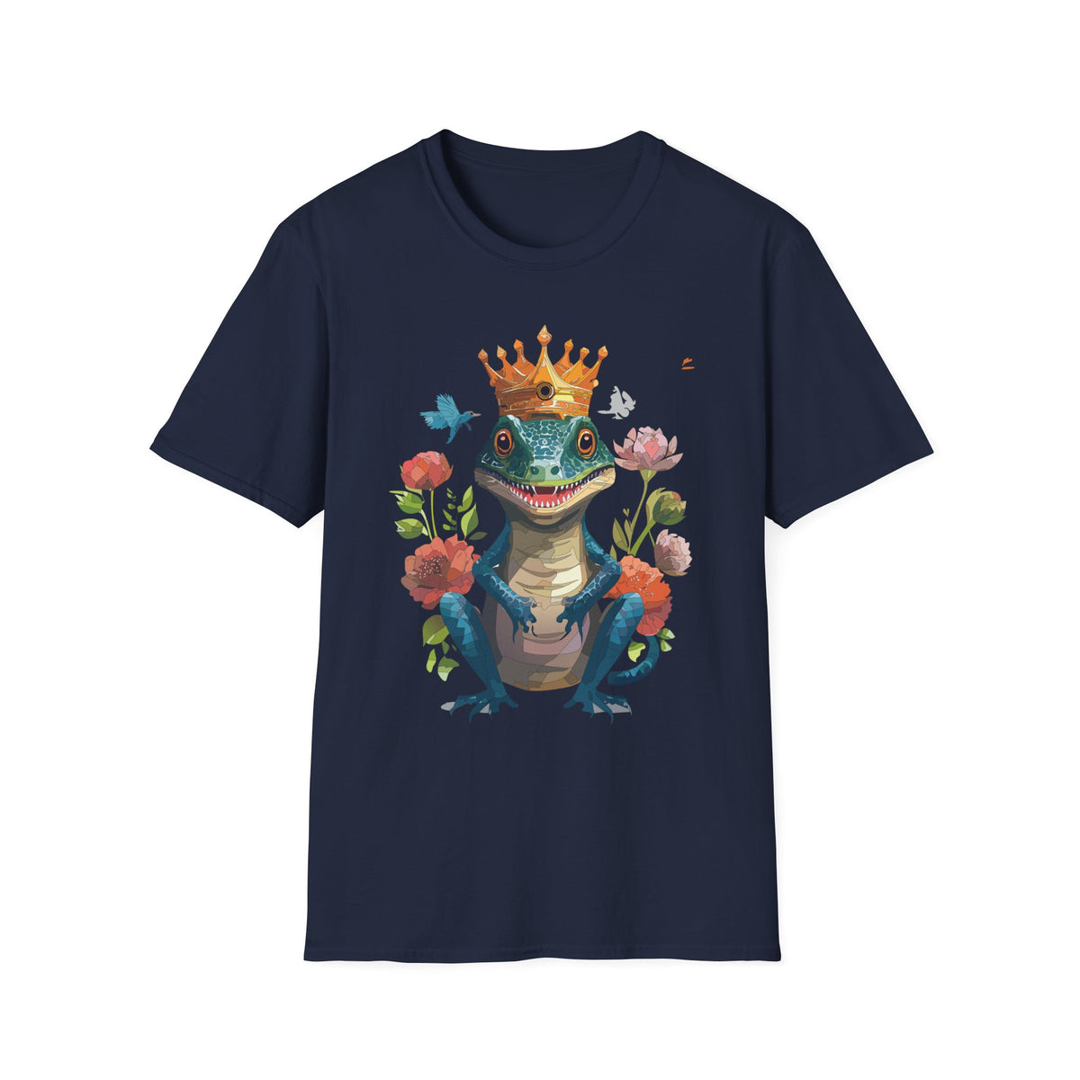 Crowned Lizard Illustration T-Shirt | Regal Gecko with Flowers