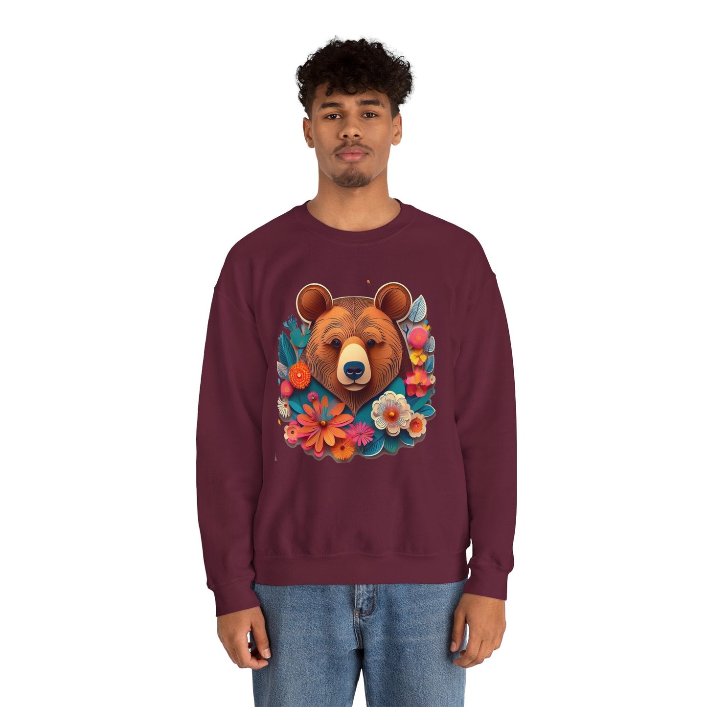 Unisex Floral Bear Sweatshirt Art Design Gildan 18000 Heavy Blend Crewneck