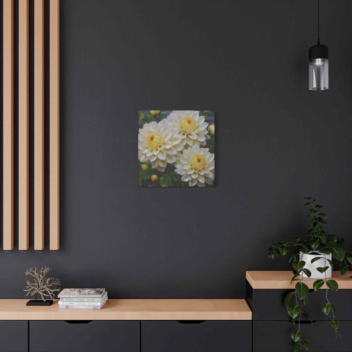 White Dahlias Print Canvas, Floral Oil Paint Print 20x20, 24x24, 30x30, 32x32, 36x36 Art Design Pine-Wood Inner Frame MC-168