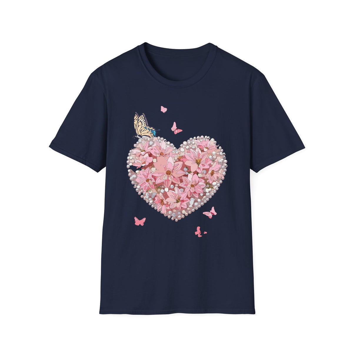 Pink Floral Heart with Butterfly T-Shirt | Spring Floral Graphic Tee Unisex 100 Cotton Gildan T-Shirt