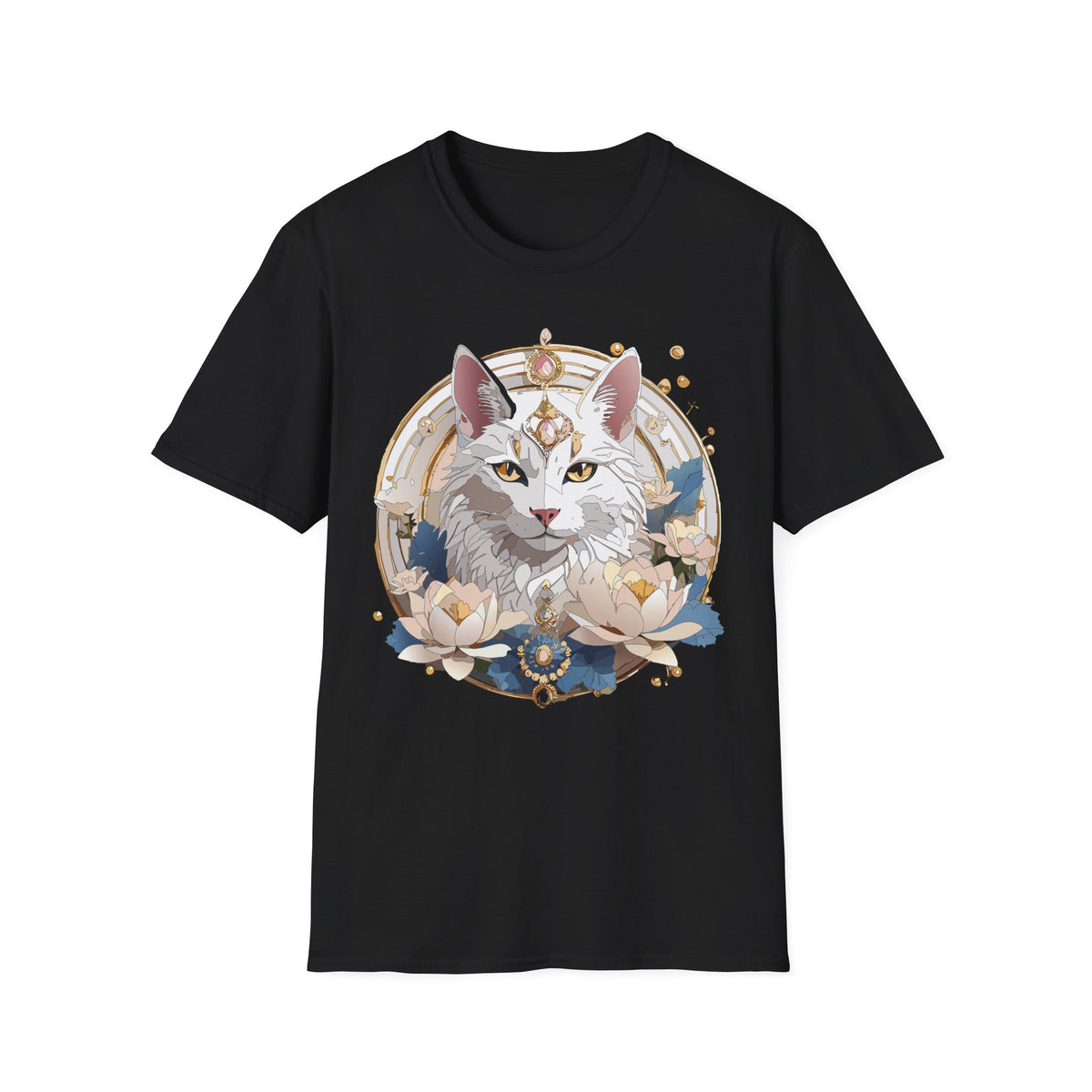 Mystic Moon Cat T-Shirt | Crescent, Floral, Magical Cat Portrait