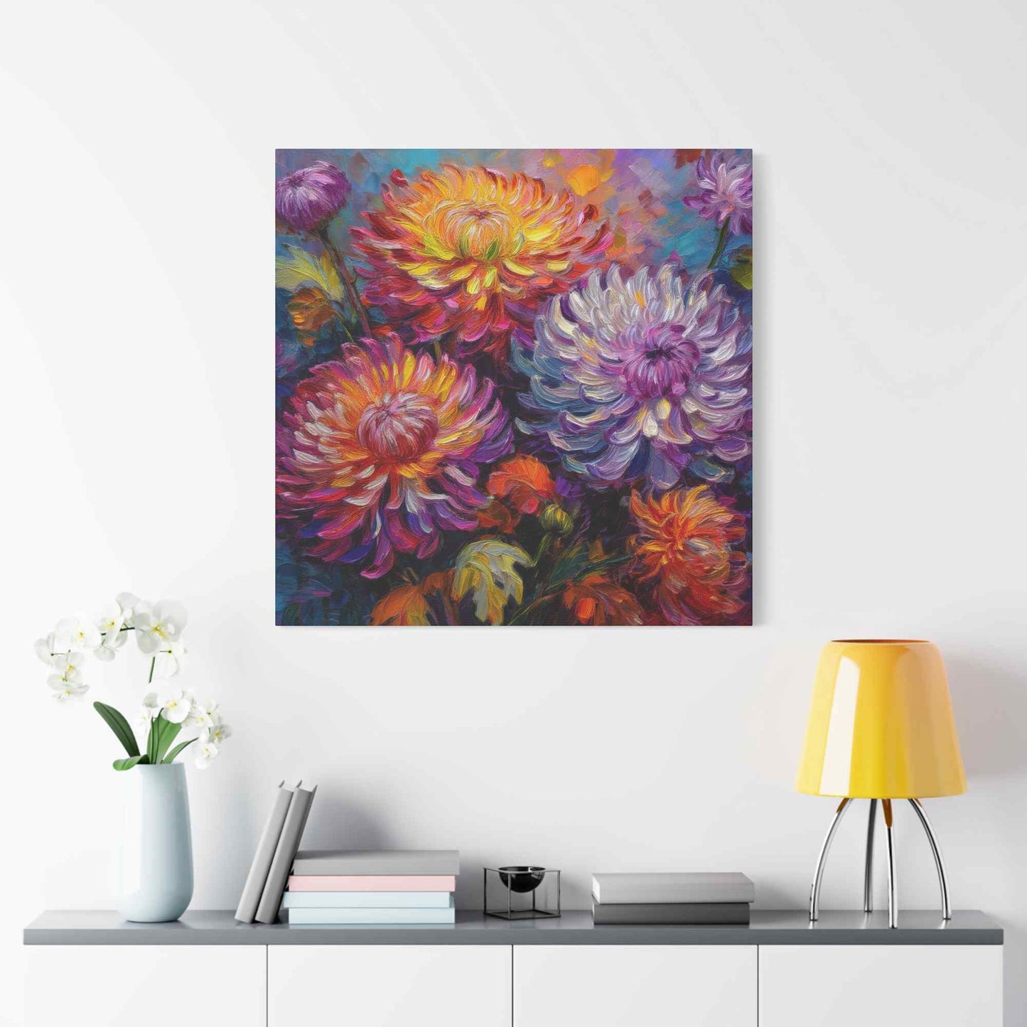 Chrysanthemums Print Canvas, Floral Oil Paint Print 20x20, 24x24, 30x30, 32x32, 36x36 Art Design Pine-Wood Inner Frame MC-158
