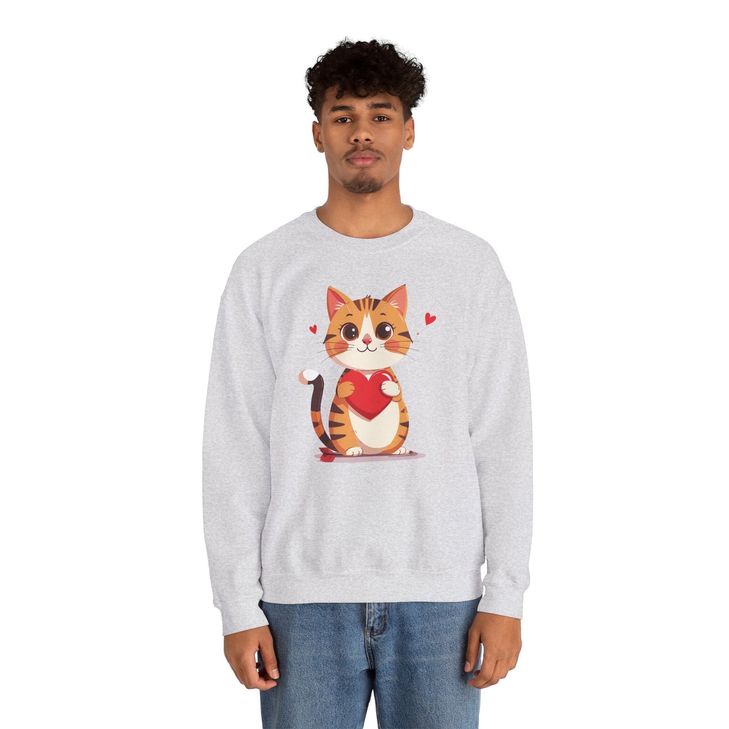 Cat Heart Sweatshirt Unisex Fifty Fifty Cotton Polyester Crewneck Valentines Day Gildan 18000