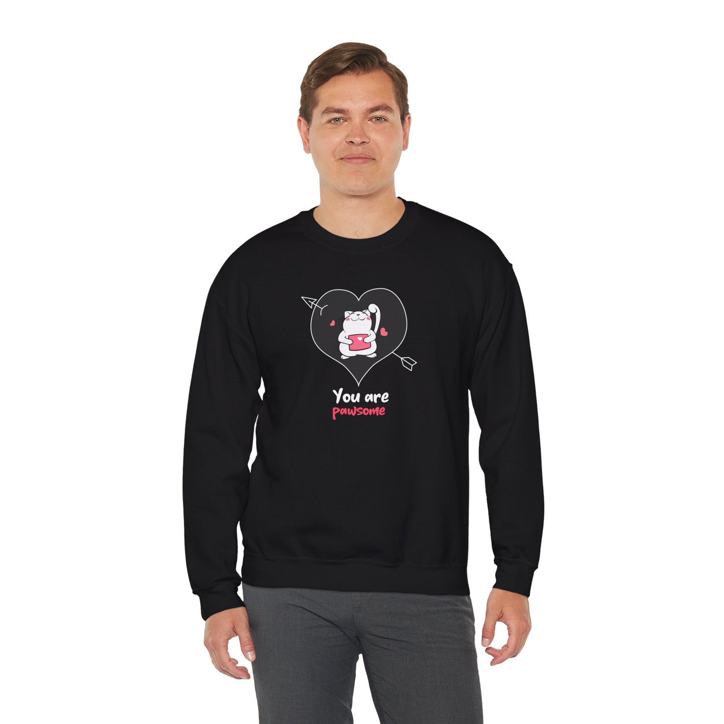 Cat Heart Sweatshirt Unisex Valentines Day Fifty Fifty Cotton Poly Crewneck Gildan 18000