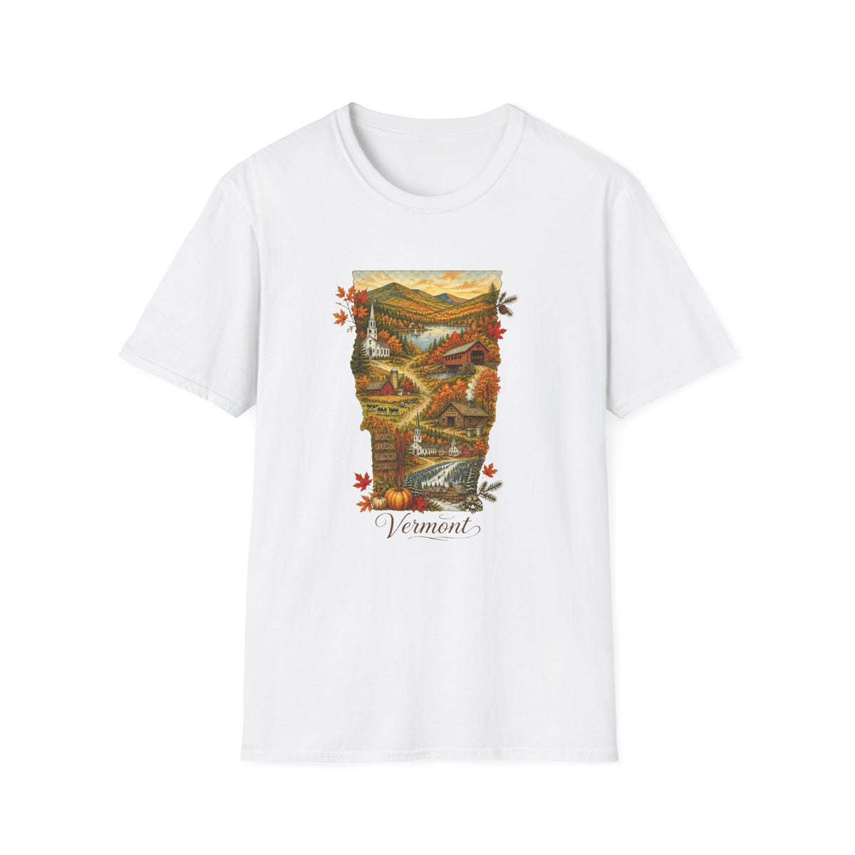 Vermont Fall Scenic T‑Shirt — Autumn Maple Leaves Landscape Travel Tourist Graphic Design Unisex 100 Cotton Gildan T-Shirt