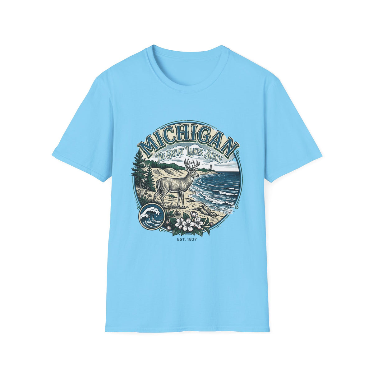 Michigan Deer Scenic T-Shirt — Vintage Great Lakes Travel Tourist Graphic Design Unisex 100 Cotton Gildan T-Shirt