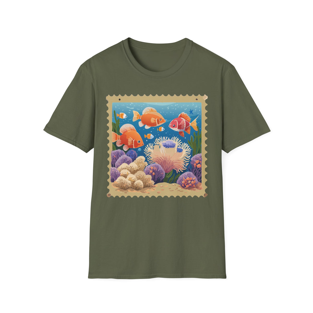 Goldfish Aquarium Illustration T-Shirt | Underwater Coral Reef Stamp Graphic Tee Unisex 100 Cotton Gildan T-Shirt