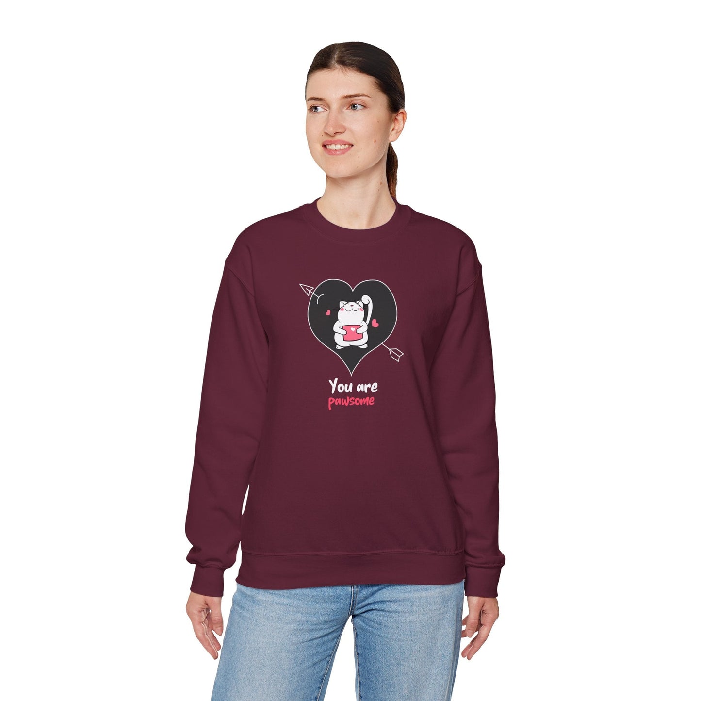 Cat Heart Sweatshirt Unisex Valentines Day Fifty Fifty Cotton Poly Crewneck Gildan 18000