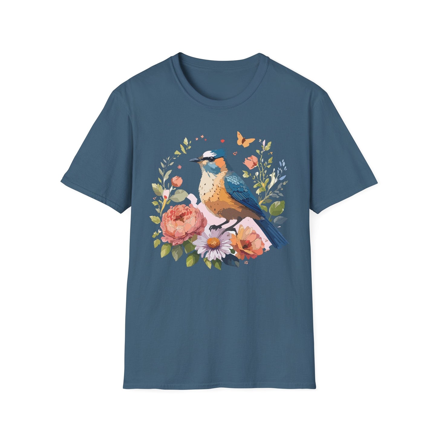 Floral Bird T Shirt Unisex Softstyle Gildan 64000 Tee 100 Percent Ring Spun Cotton
