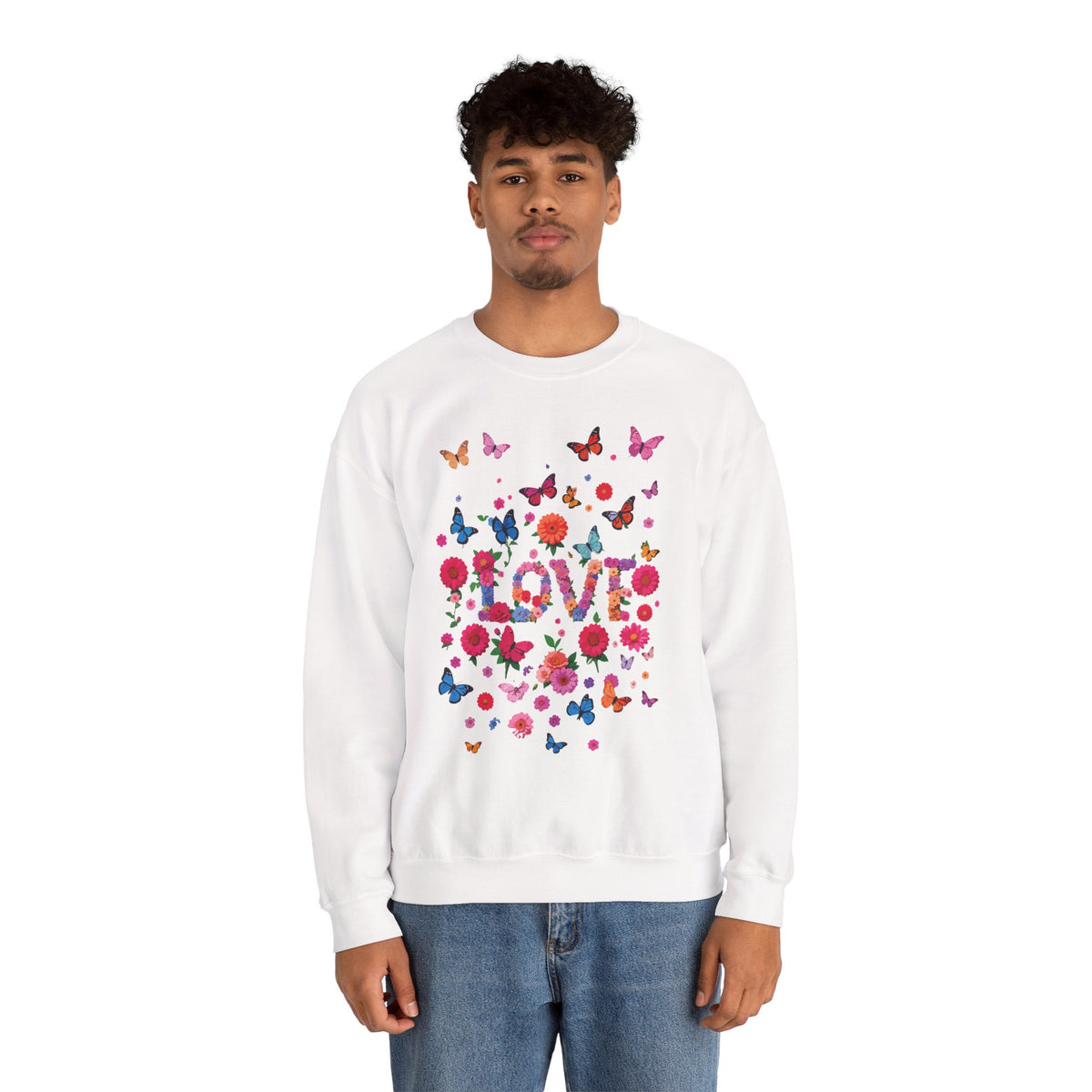 Unisex Floral Love Sweatshirt, Love Floral Sweatshirt, Floral Butterfly Sweatshirt, 50/50 Cotton-Poly Valentine's Day Sweatshirt 07