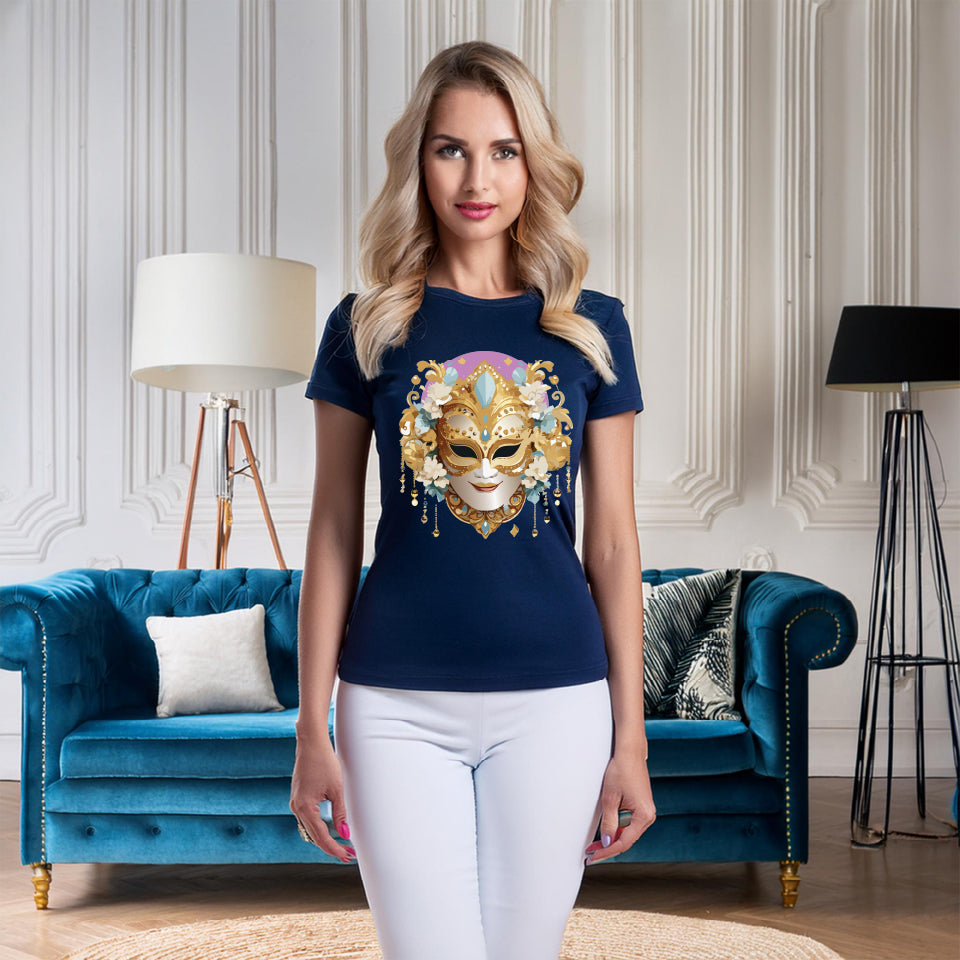 Carnival Mask Graphic T-Shirt Unisex 100 Cotton With Antique Gold Art Design Tee 4