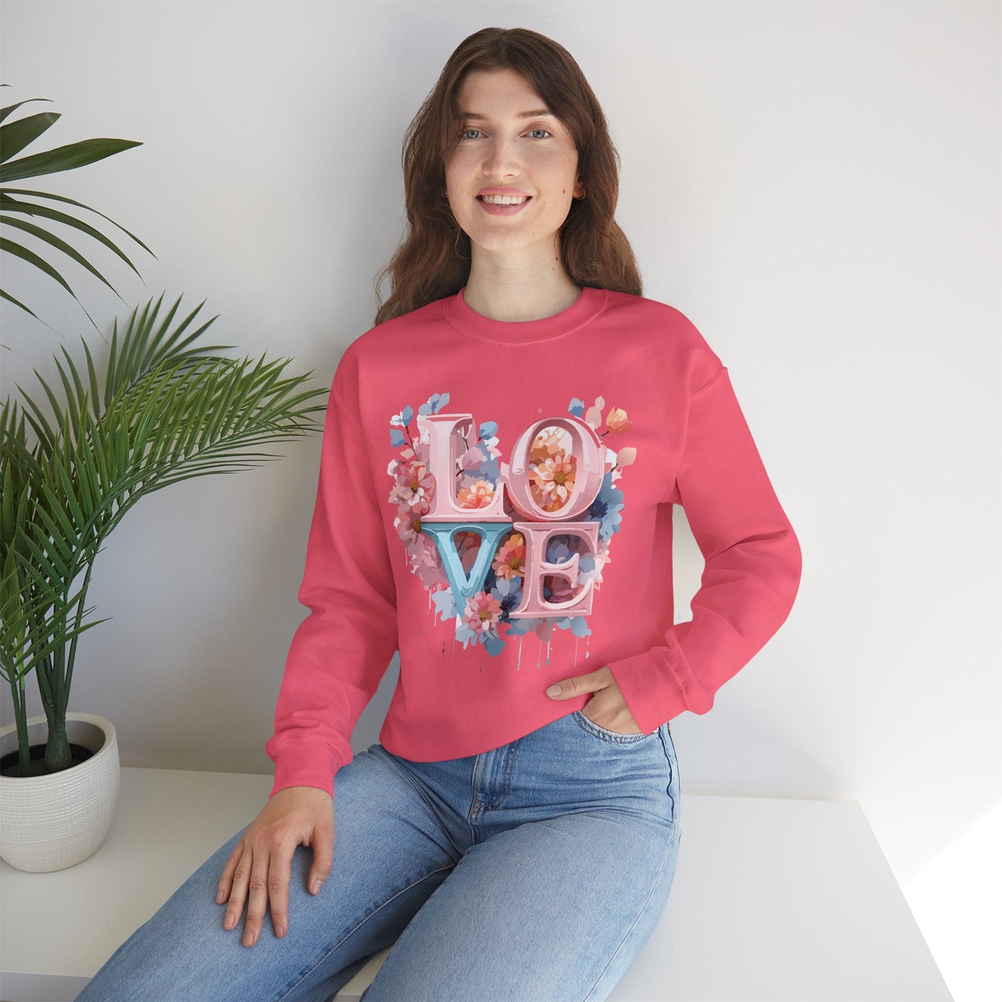 Floral Love Sweatshirt Valentines Day Unisex Heavy Blend Crewneck Gildan 18000 Cotton Polyester