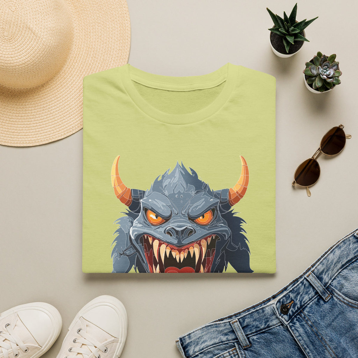 Demonic Monster Graphic T-Shirt — Fierce Horned Creature Cartoon Graphic Tee Unisex 100 Cotton Gildan T-Shirt