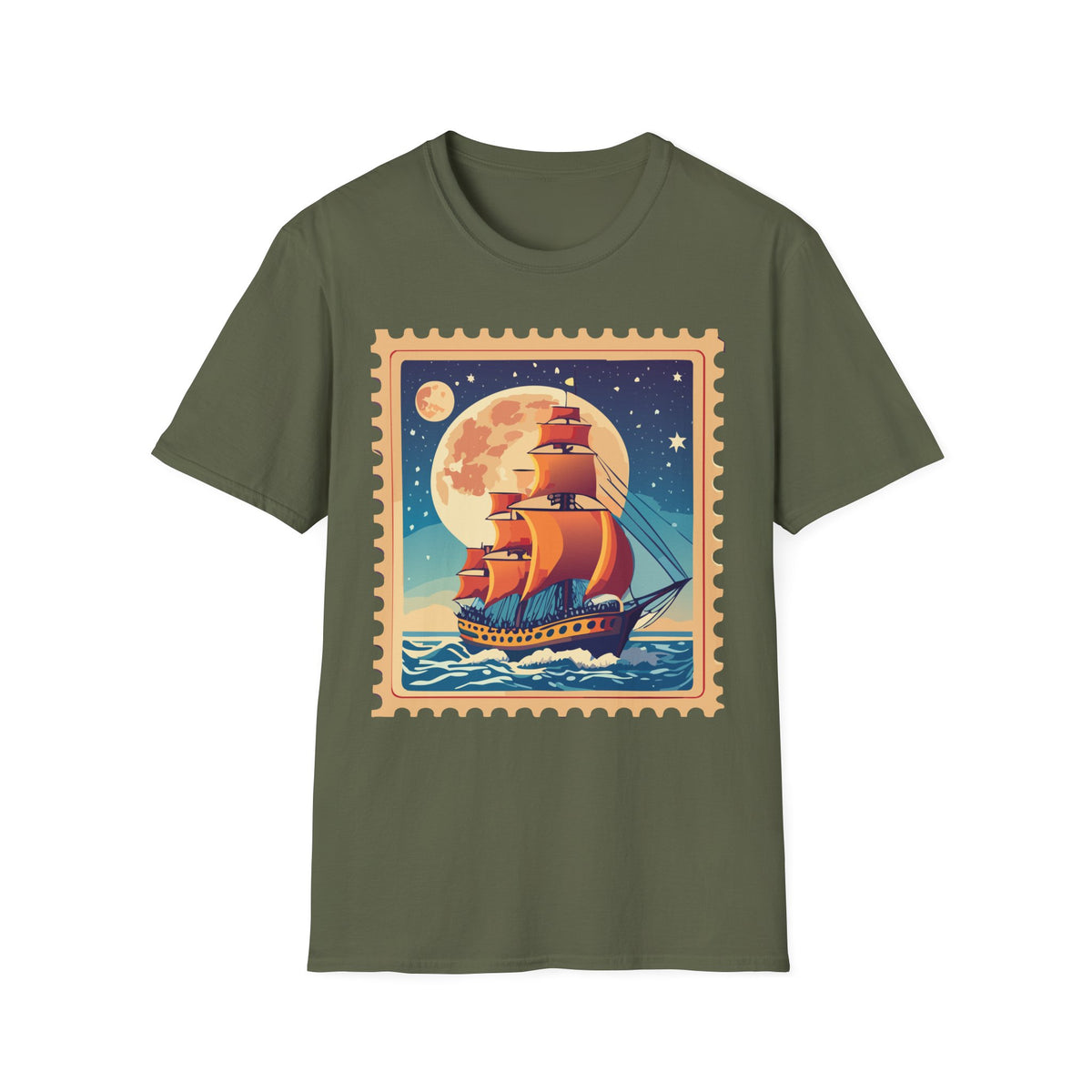 Vintage Sailing Ship T‑Shirt — Nautical Stamp Moonlight Travel Post Graphic Design Unisex 100 Cotton Gildan T-Shirt
