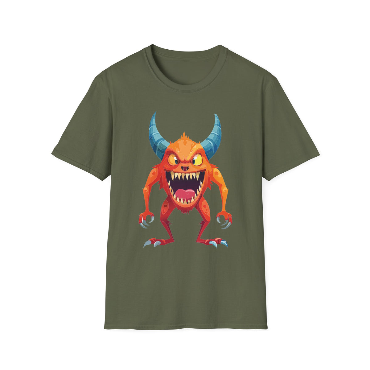 Orange Horned Monster T-Shirt — Cute Scary Cartoon Tee for Kids & Halloween Cartoon Graphic Tee Unisex 100 Cotton Gildan T-Shirt