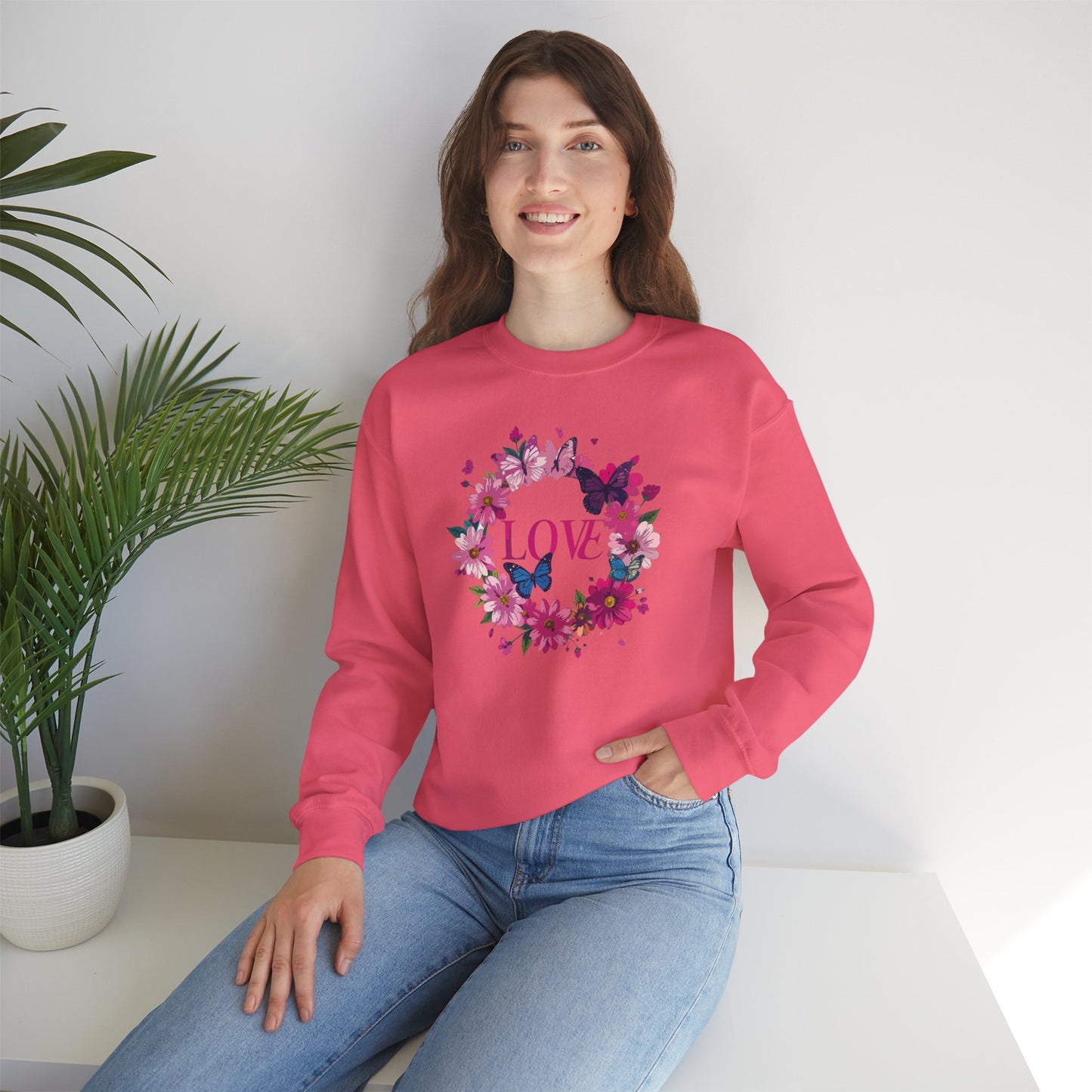 Unisex Floral Love Sweatshirt, Love Floral Sweatshirt, Floral Butterfly Sweatshirt, 50/50 Cotton-Poly Valentine's Day Sweatshirt 04