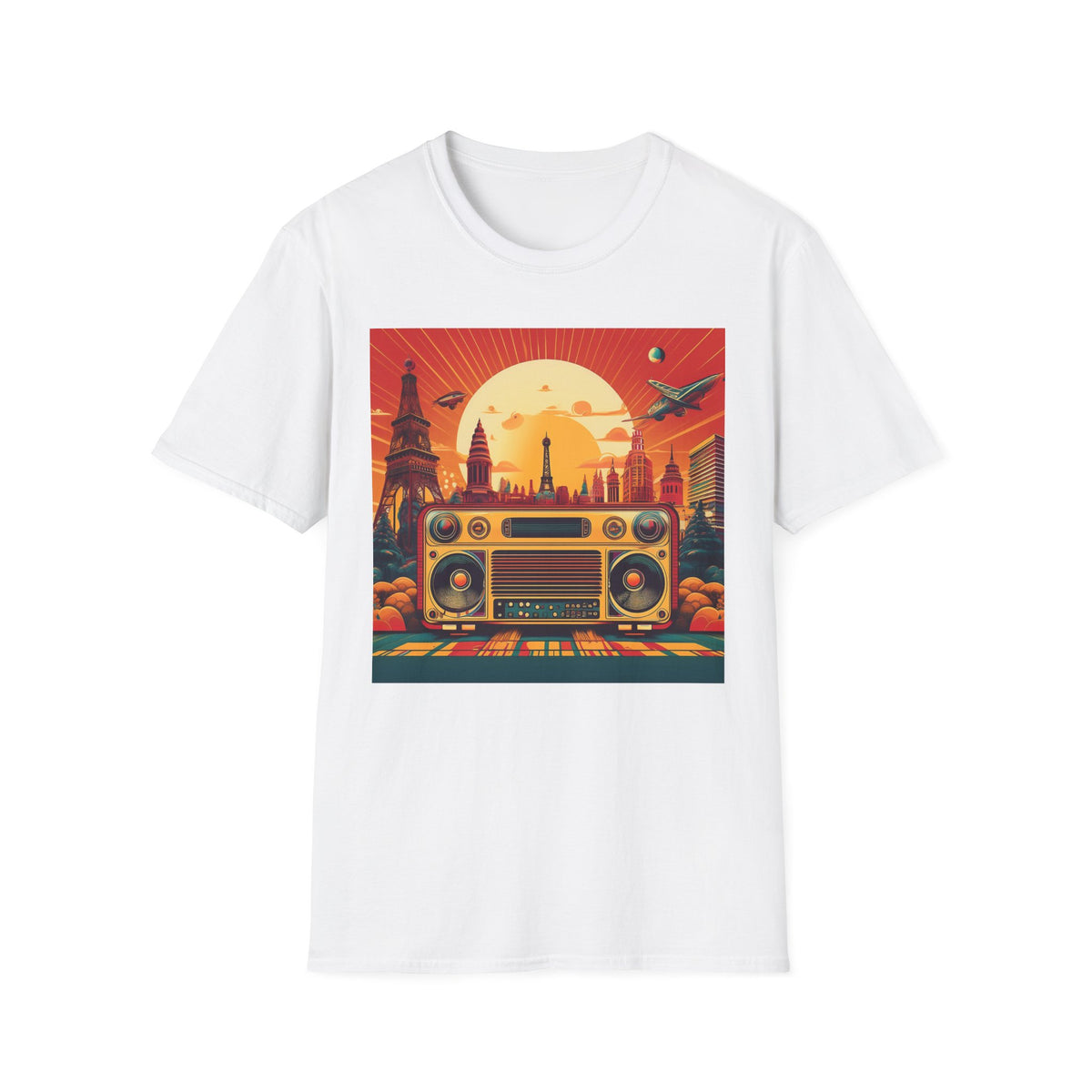 Retro Boombox Sunset Cityscape Graphic Posters, Post Stamps Design Unisex 100 Cotton Gildan T-Shirt