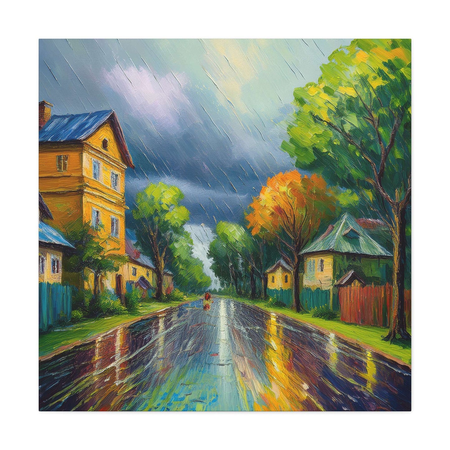 Rainy Village Street Canvas, Matte Oil Paint Print 20x20, 24x24, 30x30, 32x32, 36x36, Art Design Print Non-Frame MC-1