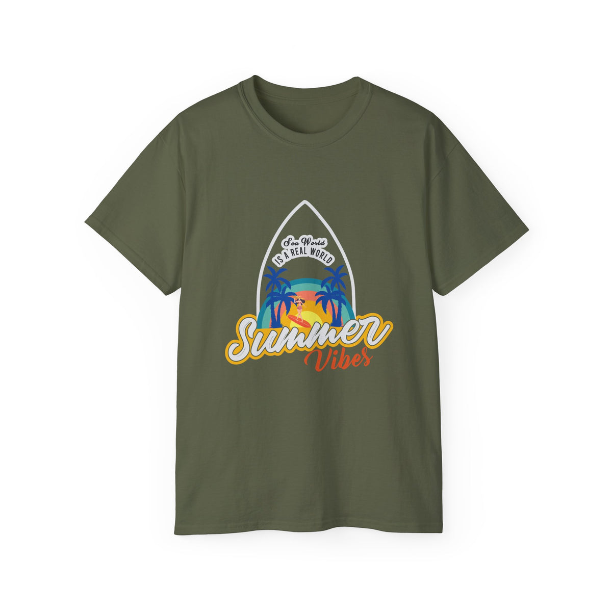 Summer Vibes Surf Graphic Tee | Tropical Sunset Palm Beach Design