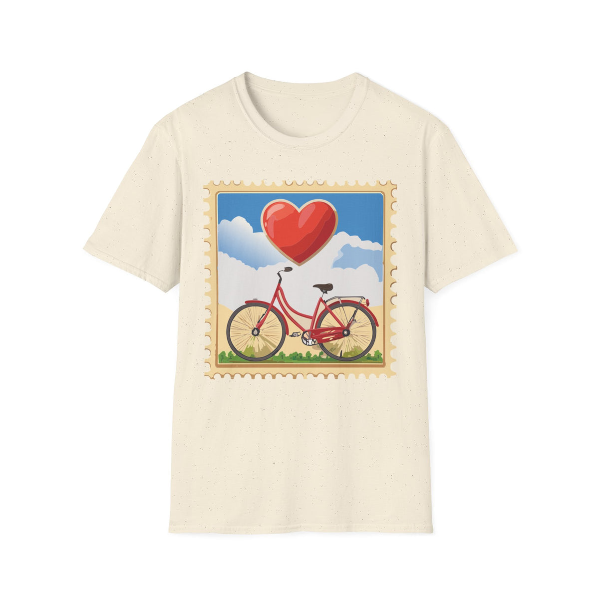 Heart Balloon Bicycle T-Shirt | Retro Stamp Illustration
