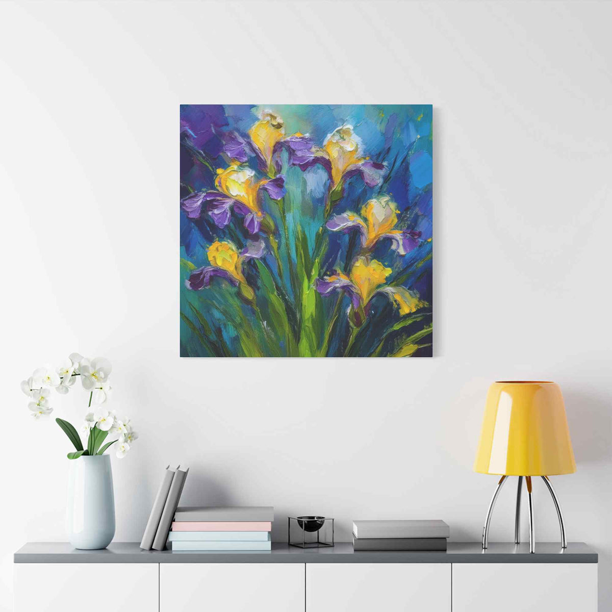 Irises Floral Print Canvas, Floral Oil Paint Print 20x20, 24x24, 30x30, 32x32, 36x36 Art Design Pine-Wood Inner Frame MC-184