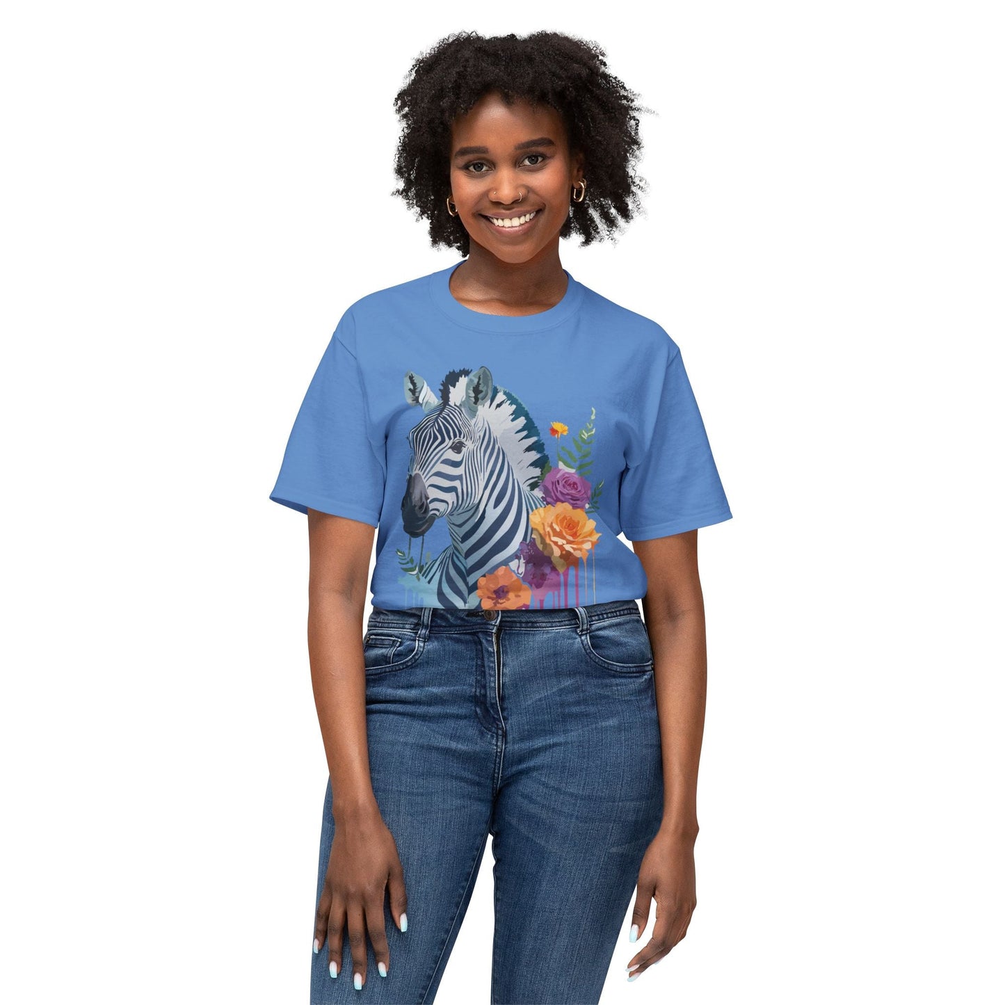 Unisex Zebra T Shirt With Floral Art Print Premium HD Cotton Jersey Tee Made In USA